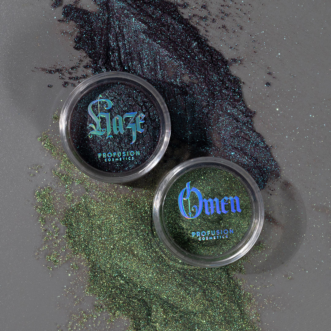 Eyeshadow from Profusion Cosmetics in Enchanted Forest Dragon duochrome mineral pigment, featuring green and purple shimmer.