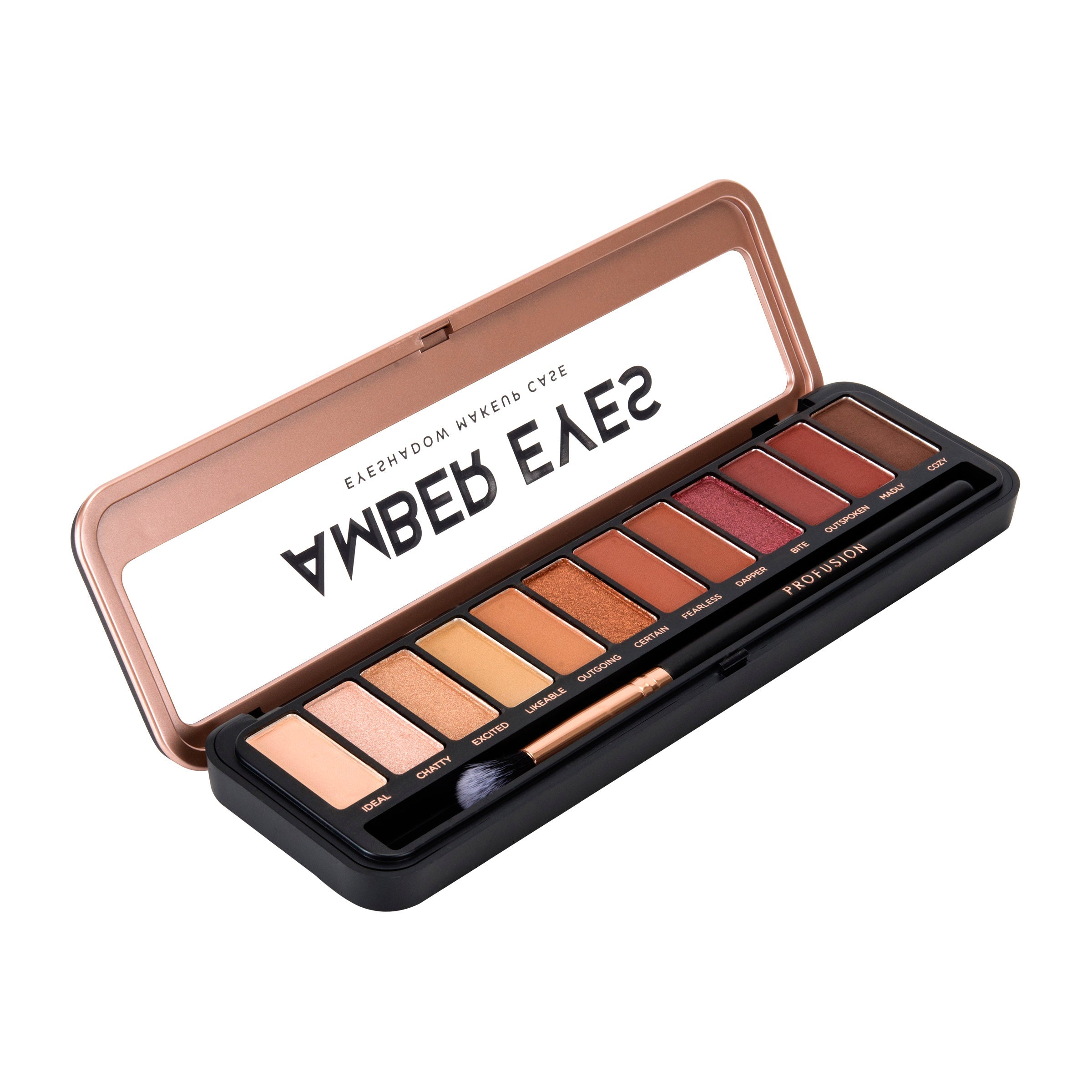 Profusion Cosmetics nude eyeshadow case with multiple shades in a sleek compact for versatile eye makeup looks.