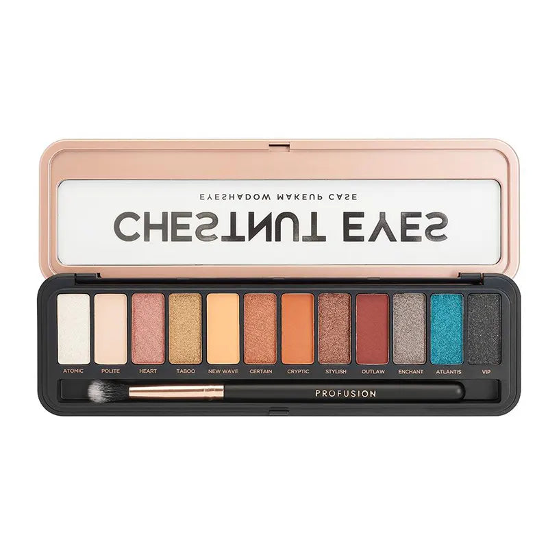 Profusion Cosmetics nude eyeshadow case with multiple eye shadow shades in a compact palette.