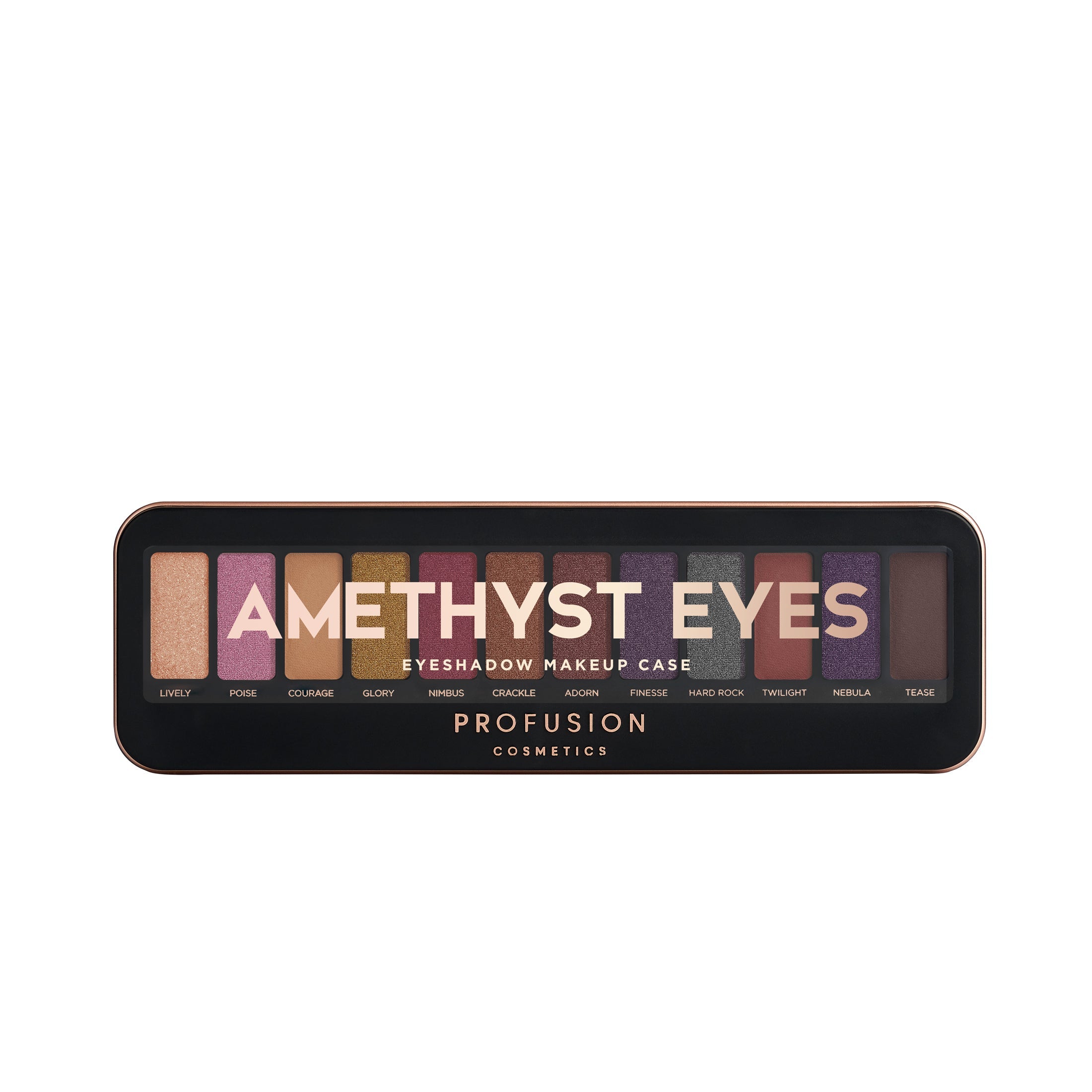 Profusion Cosmetics nude eyeshadow case with multiple eyeshadows in a sleek compact for versatile eye makeup looks.