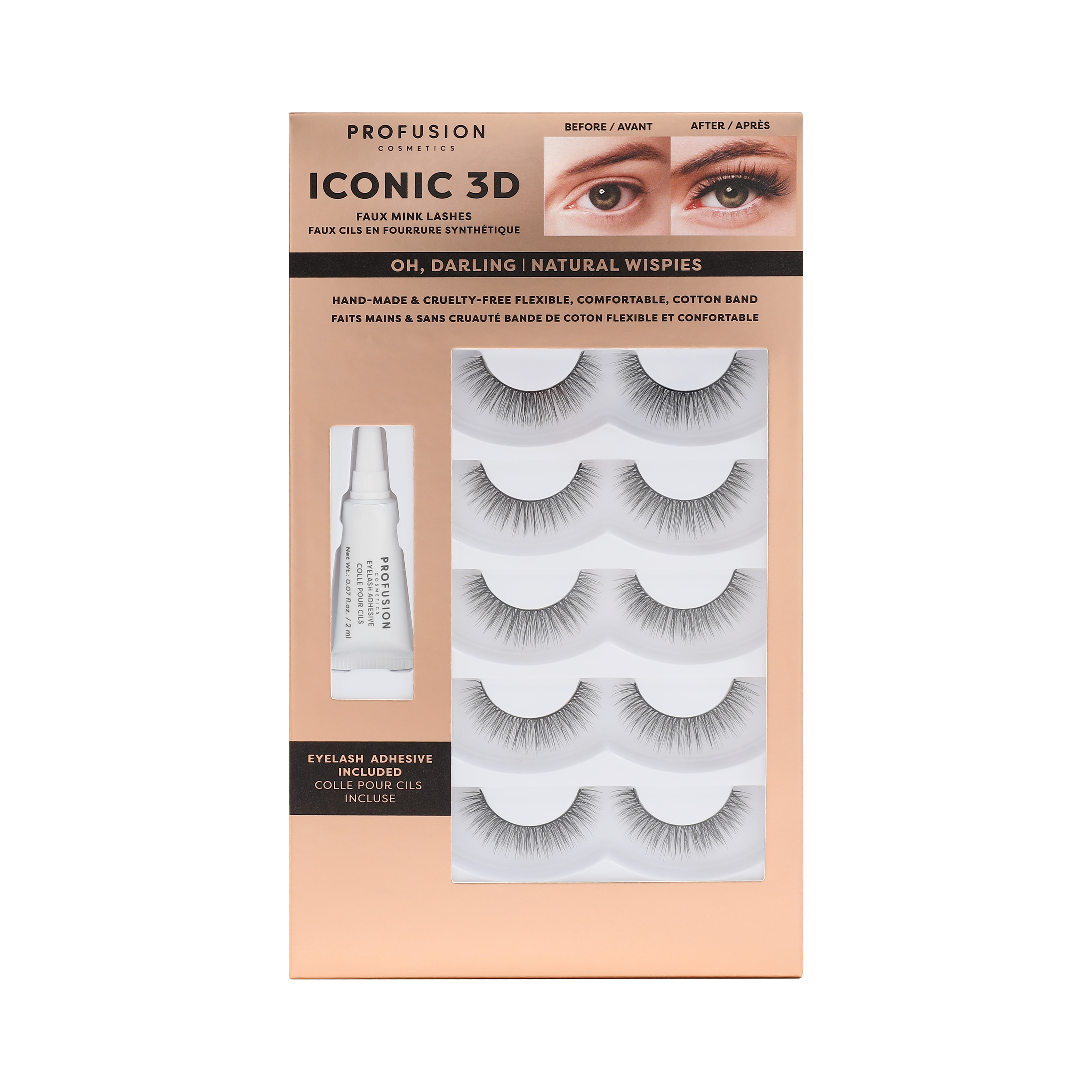 Profusion Cosmetics Iconic 3D Faux Mink Lashes on eyes, showcasing voluminous, fluttery false eyelashes for a dramatic look