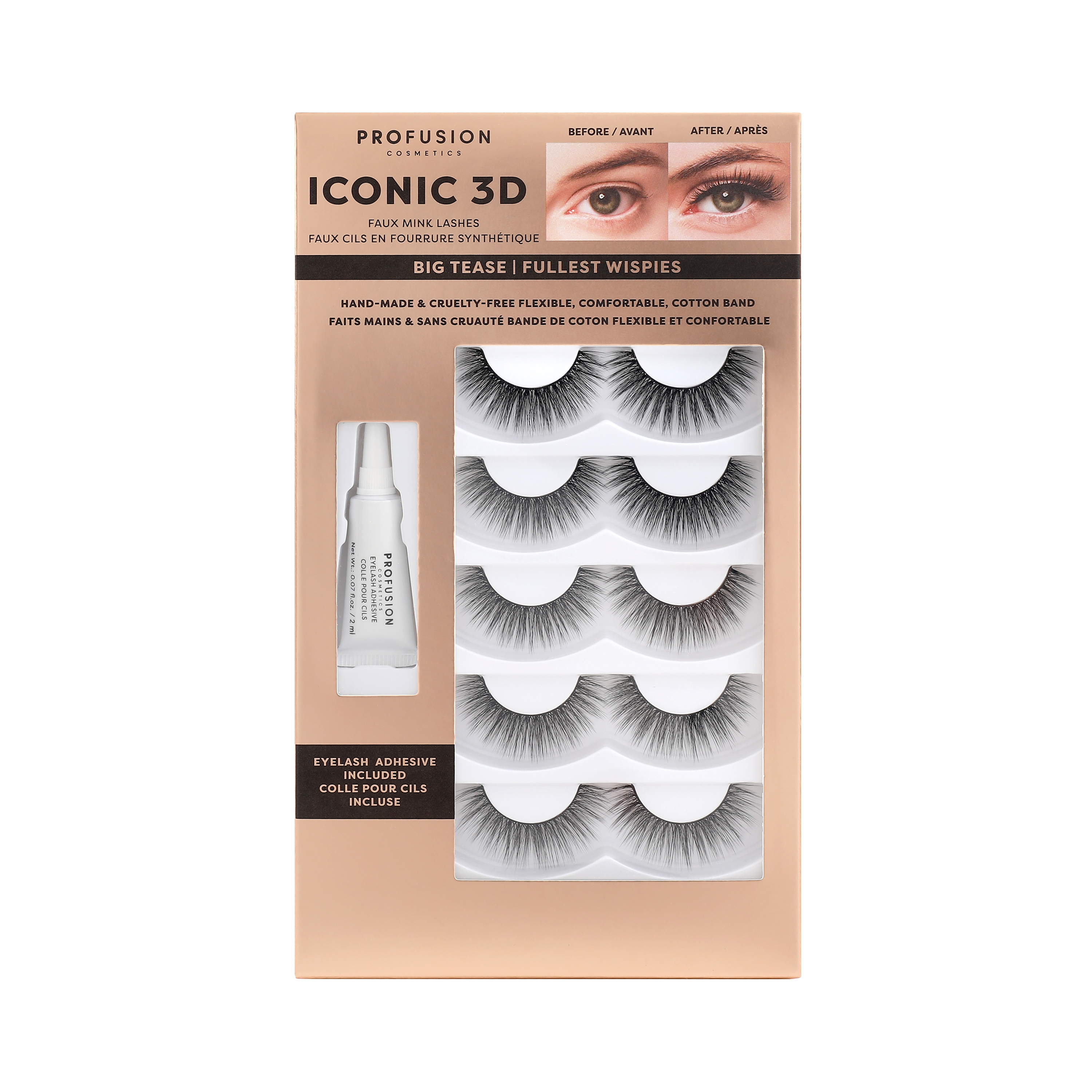 Profusion Cosmetics Iconic 3D faux mink lashes on eyes, showcasing voluminous and natural-looking eyelash extension style.