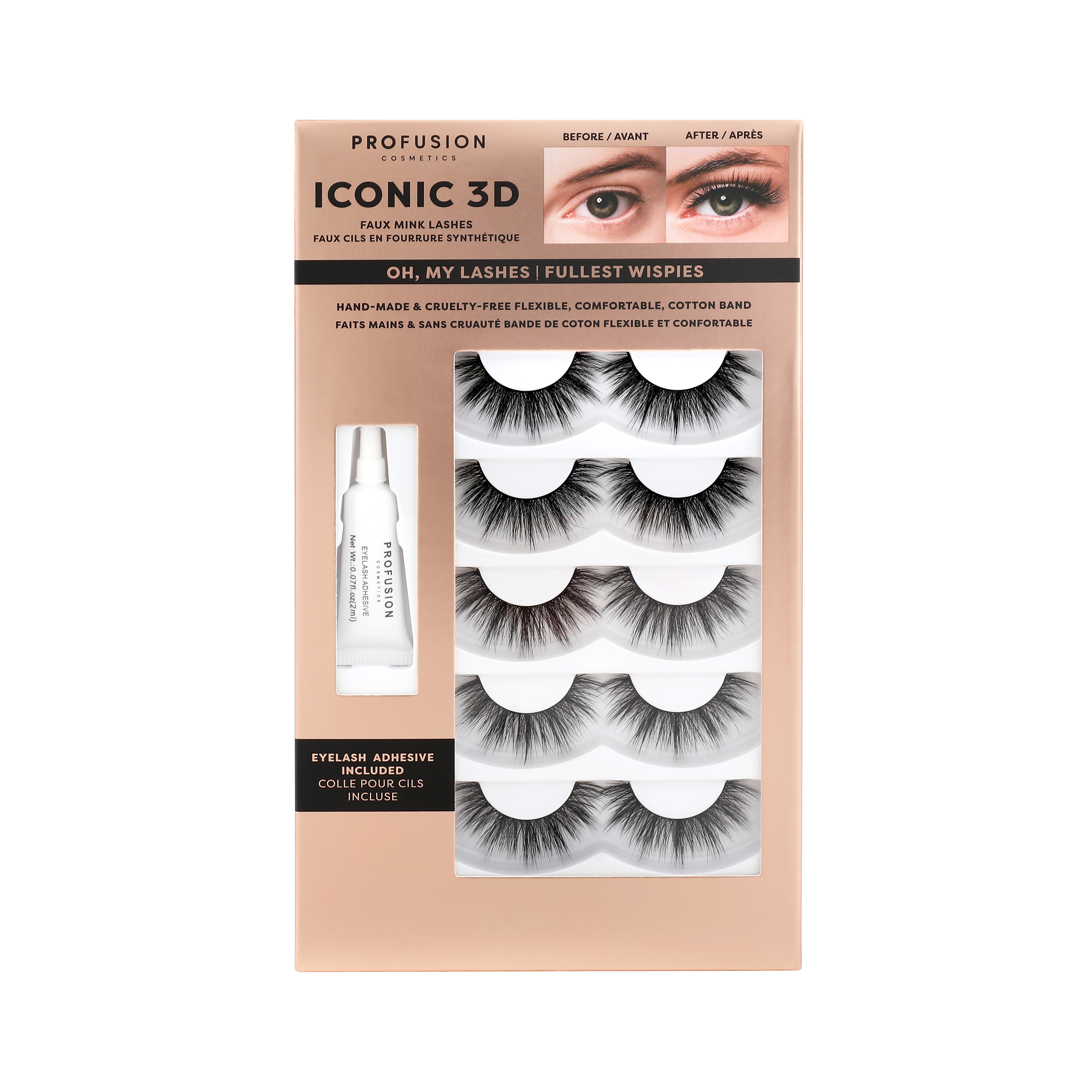 Profusion Cosmetics Iconic 3D Faux Mink Lashes on eyes, showcasing full, voluminous eyelash design for a dramatic look.