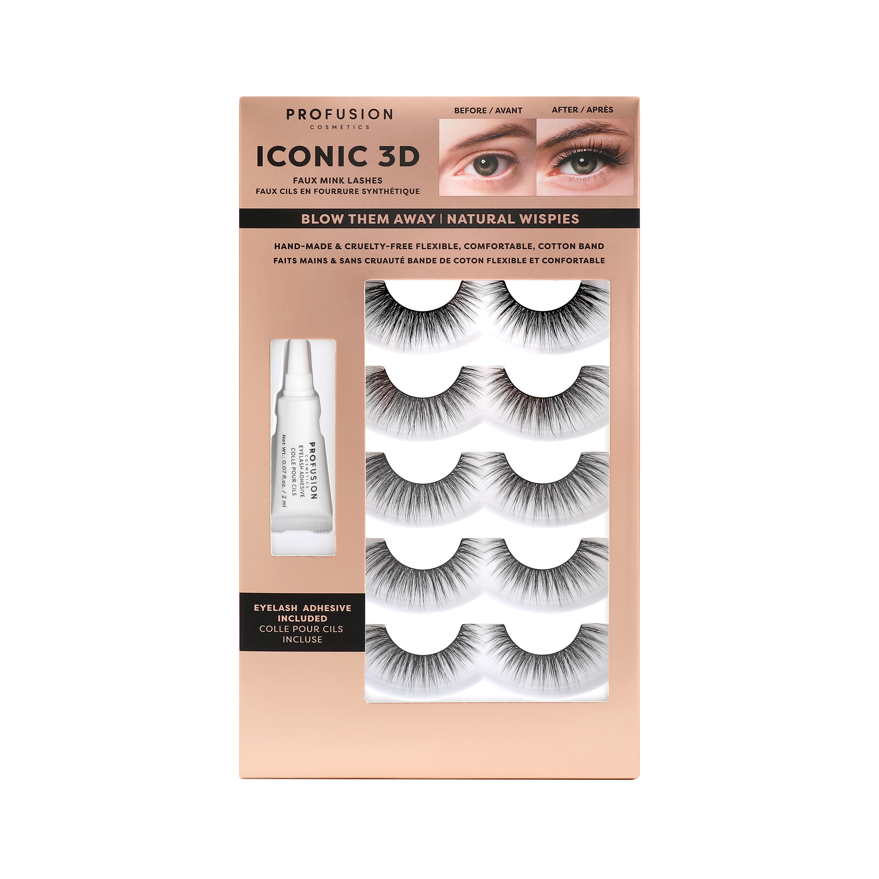 Profusion Cosmetics Iconic 3D Faux Mink Lashes on eyes, showcasing full, voluminous lash style with natural curl and length.