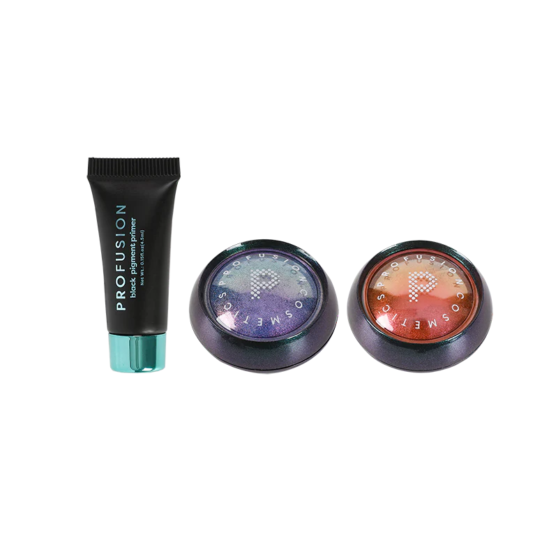 Profusion Cosmetics Metachrome duochromic multichrome pigment and primer for eyes, showcasing vibrant, shifting color effects.