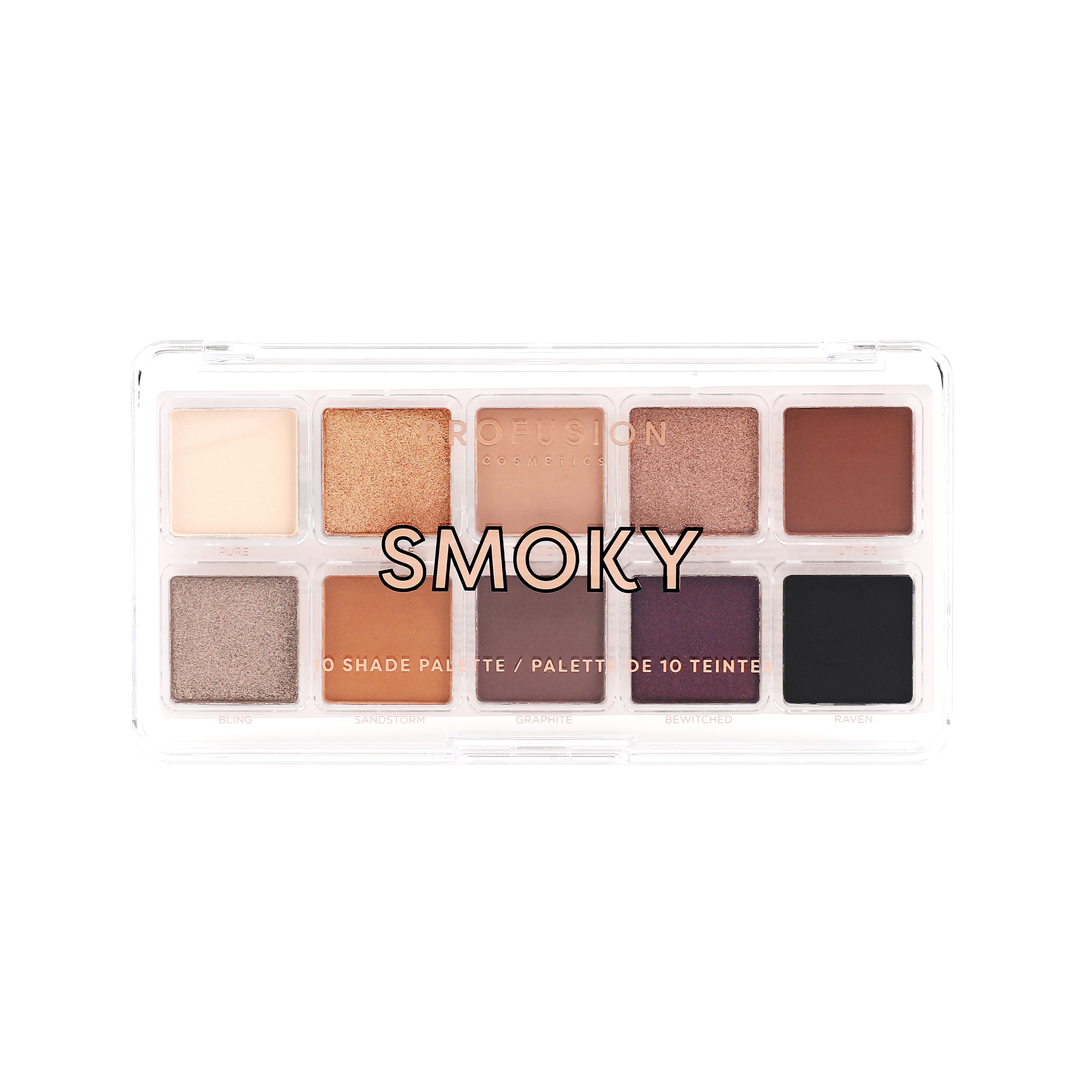 Profusion Cosmetics Essentials 10 Shade Eyeshadow Palette with smoky neutral tones and versatile shades for eye makeup.
