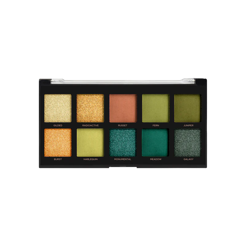 Profusion Cosmetics Essentials 10 Shade Eyeshadow Palette with smoky tones, featuring a variety of neutral and dark eye shadow colors.