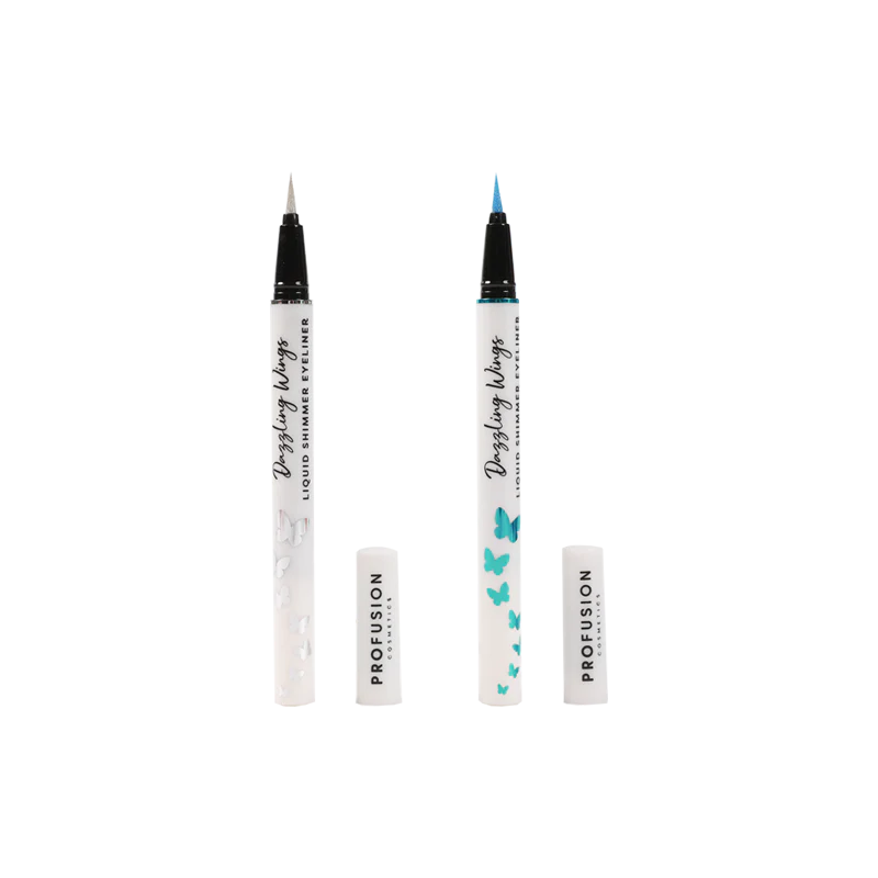 Profusion Cosmetics Dazzling Wings liquid shimmer eyeliner with butterfly-inspired wing design on eyes, featuring vibrant, shimmering color.