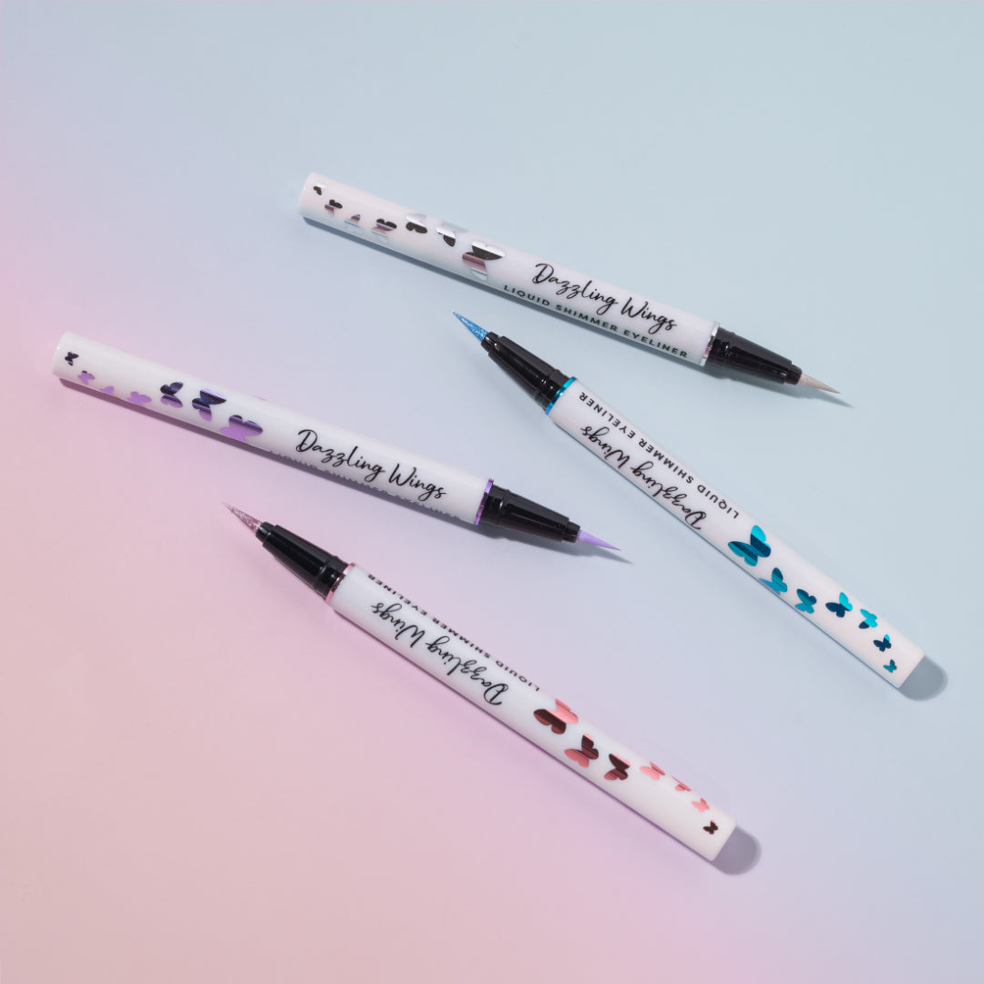 Profusion Cosmetics Dazzling Wings liquid shimmer eyeliner with butterfly design for eyes, featuring vibrant, shimmering wing details.