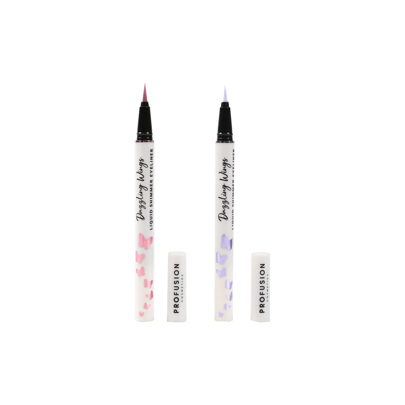 Profusion Cosmetics Dazzling Wings Liquid Shimmer Eyeliner with butterfly design and shimmering finish on eyes.
