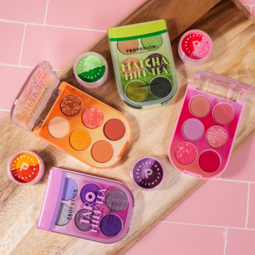 Profusion Cosmetics I 🖤 Boba Milk Tea eyeshadow palette with six shades, featuring warm and cool tones inspired by milk tea flavors.