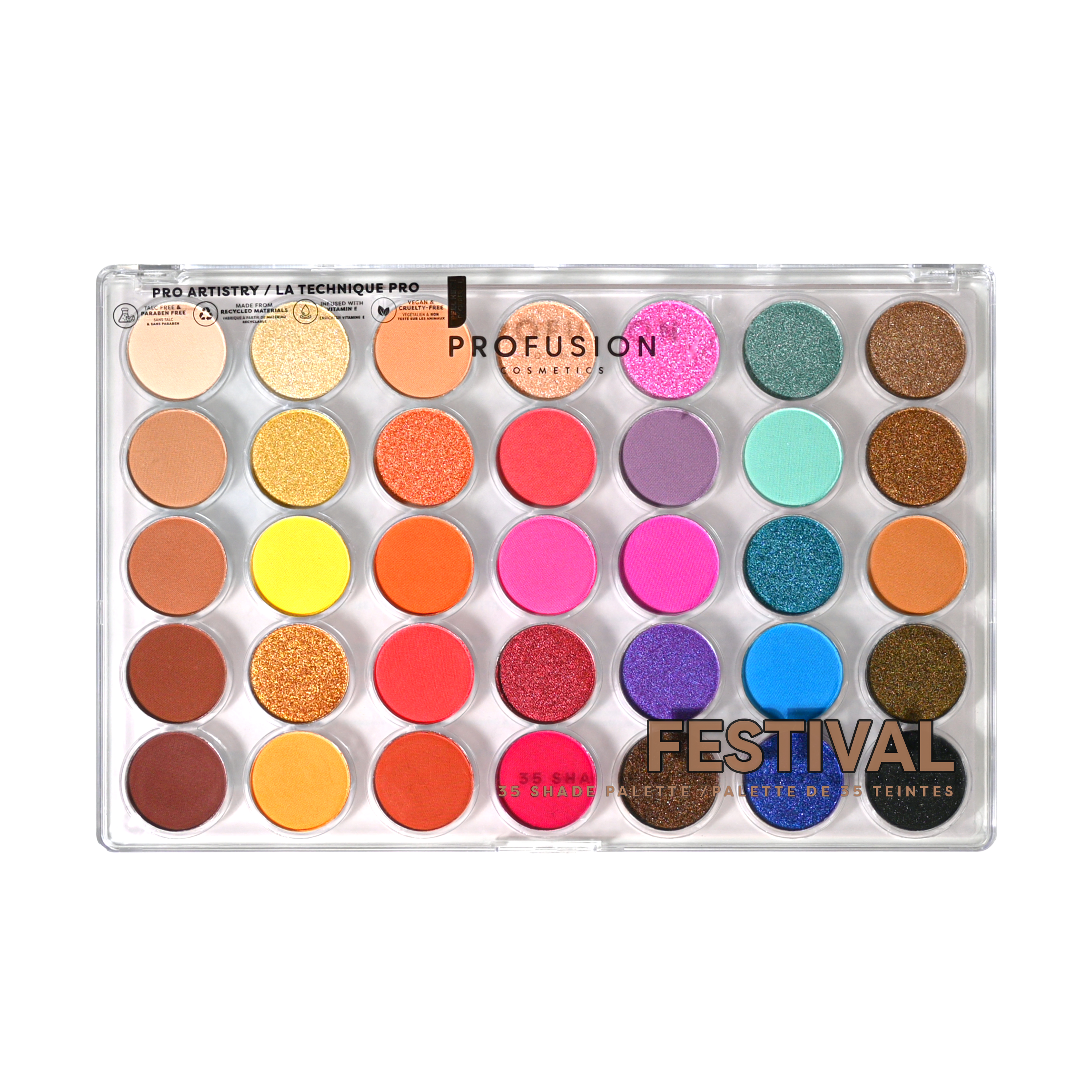 Profusion Cosmetics Pro Aritistry 35 Shade Eyeshadow Palette with warm toasted tones and a variety of vibrant colors.