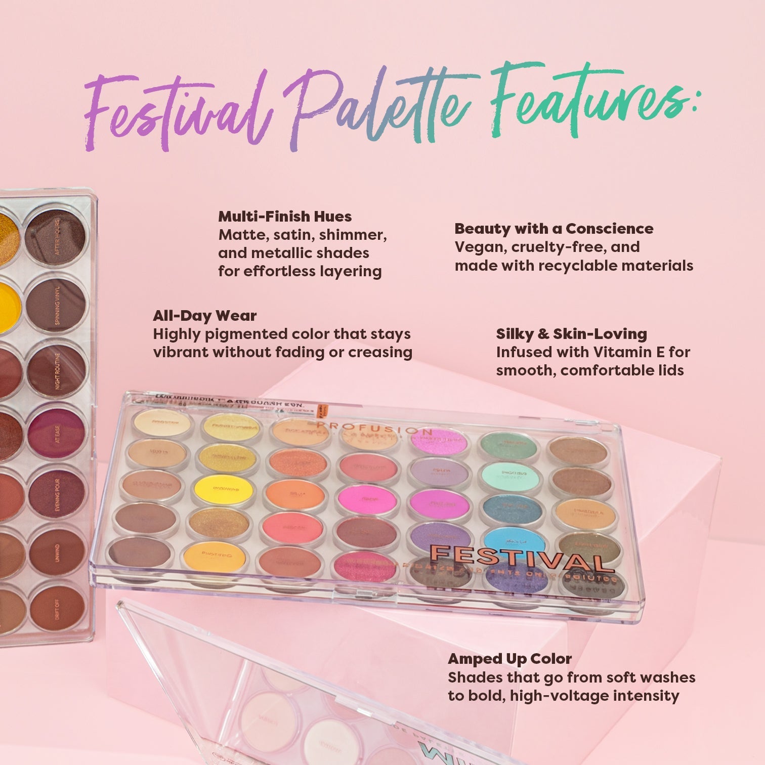 Profusion Cosmetics Pro Aritistry 35 Shade Eyeshadow Palette with warm toasted tones and a variety of vibrant eye makeup shades.