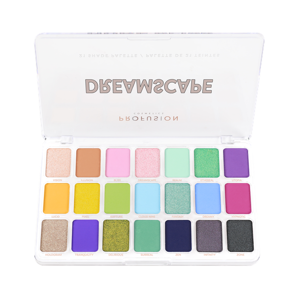 Profusion Cosmetics Artistry 21 Shade Eyeshadow Palette with a variety of colorful and neutral eyeshadow shades.