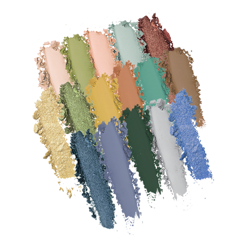 Profusion Cosmetics Artistry 21 Shade Eyeshadow Palette with a variety of colorful eye makeup shades on open palette.