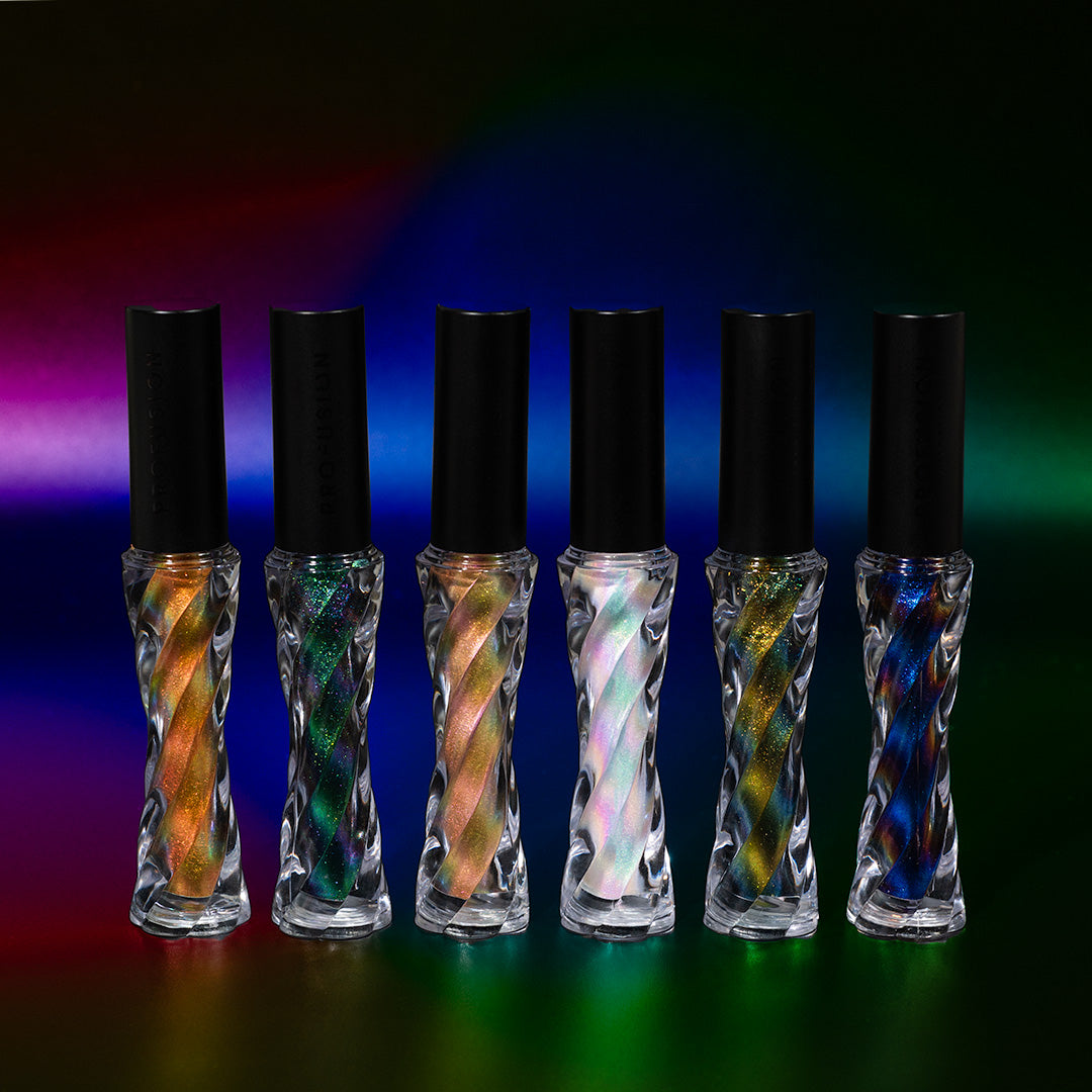 Profusion Cosmetics Prismatic Chrome Liquid Eyeshadow in shimmering, metallic finish on open eyes showing eye makeup details.