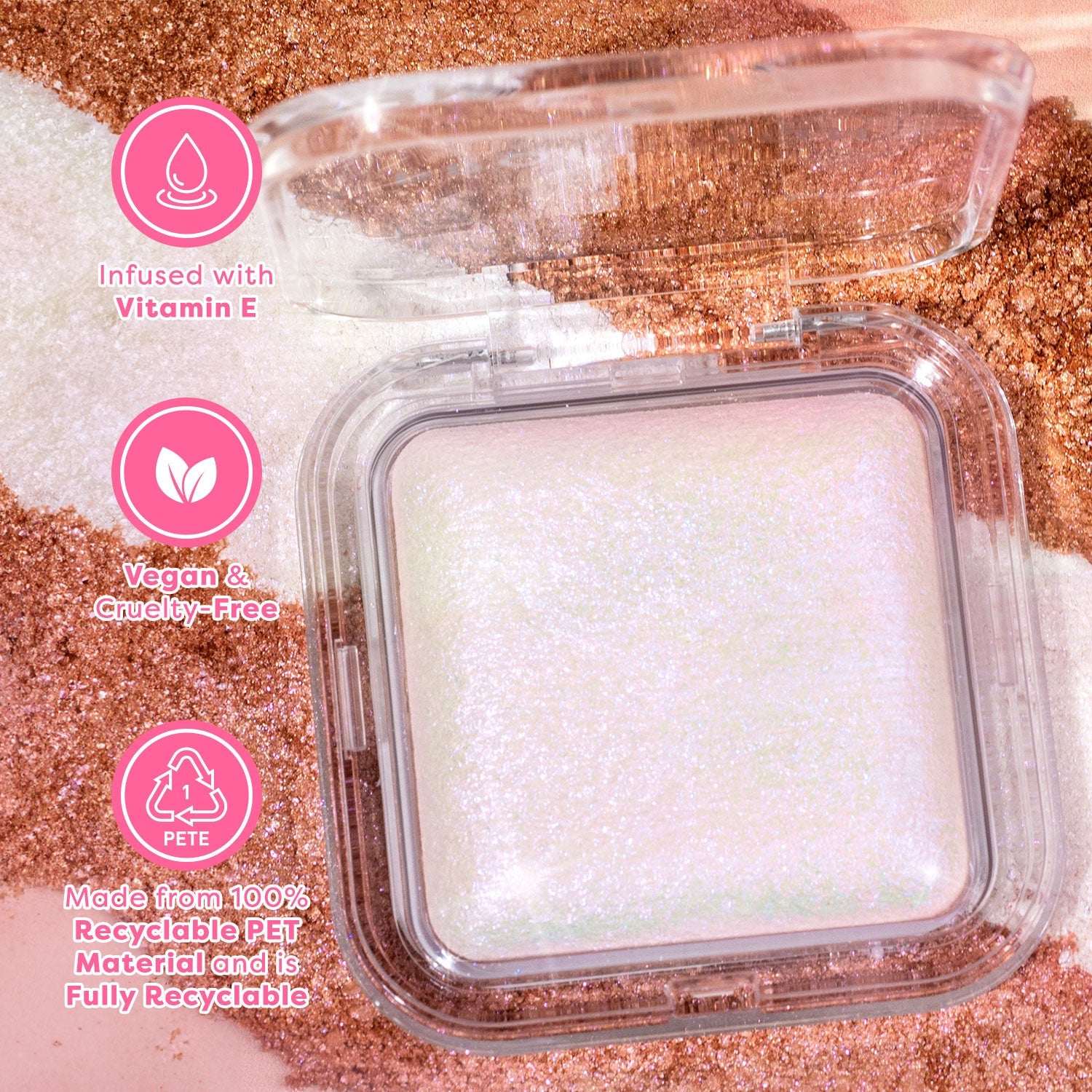 Profusion Cosmetics Holo Beam holographic highlighter on face, showing its shimmering, iridescent finish for a radiant glow.