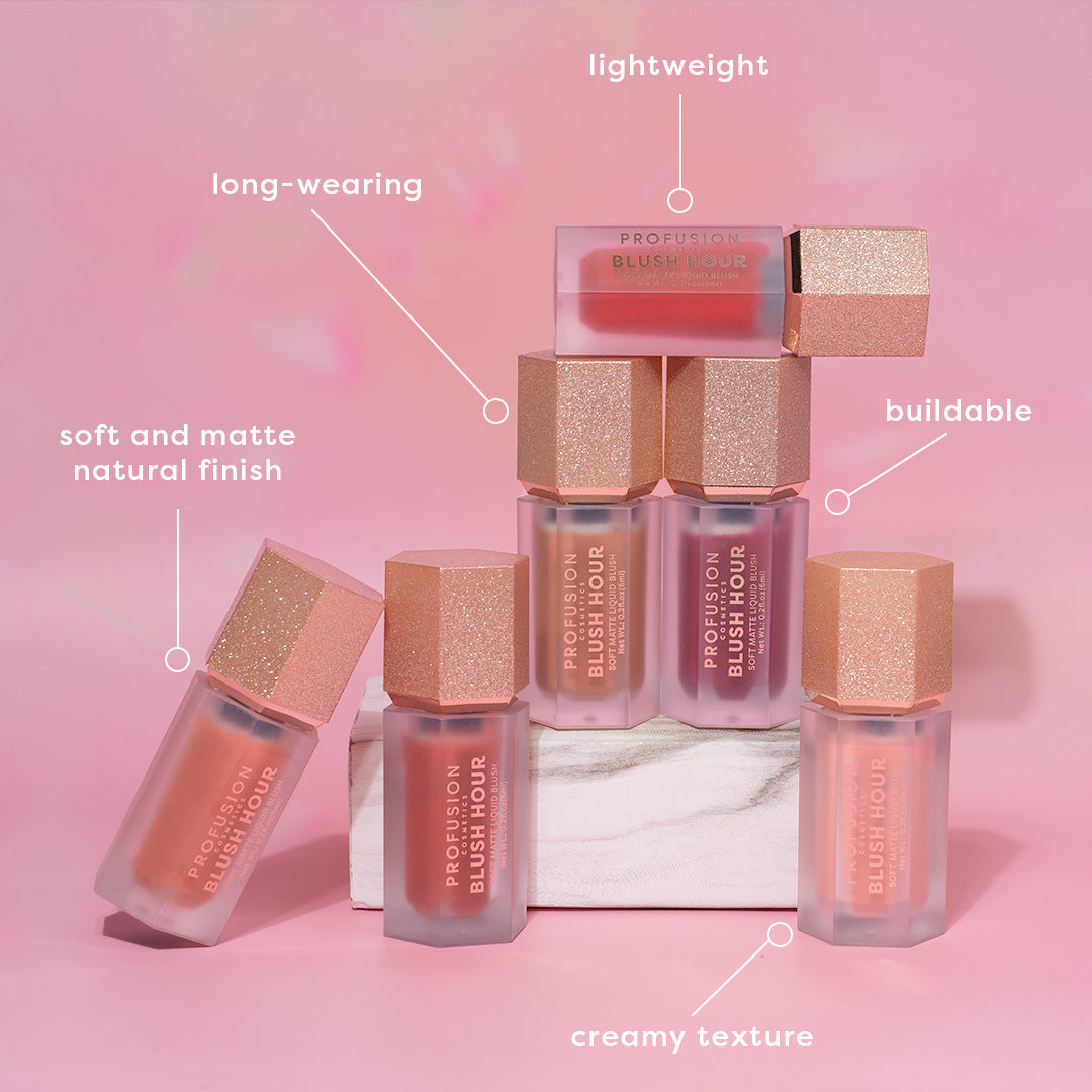 Profusion Cosmetics Blush Hour Soft Matte Liquid Blush on face, peachy pink shade, smooth and natural finish.