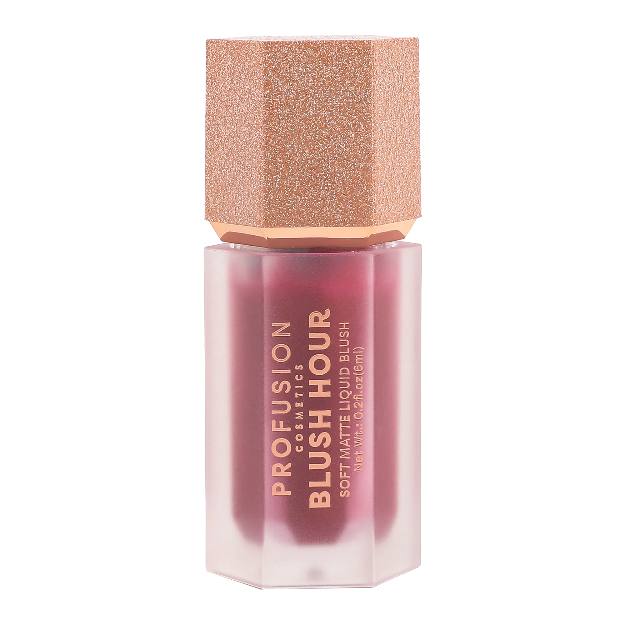 Profusion Cosmetics Blush Hour Soft Matte Liquid Blush in Bellini, showing a smooth, peachy-pink face blush on model's cheek.