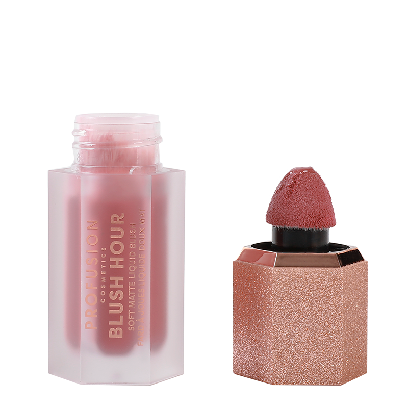 Profusion Cosmetics Blush Hour Soft Matte Liquid Blush on face in Bellini shade, showing smooth, natural blush application.