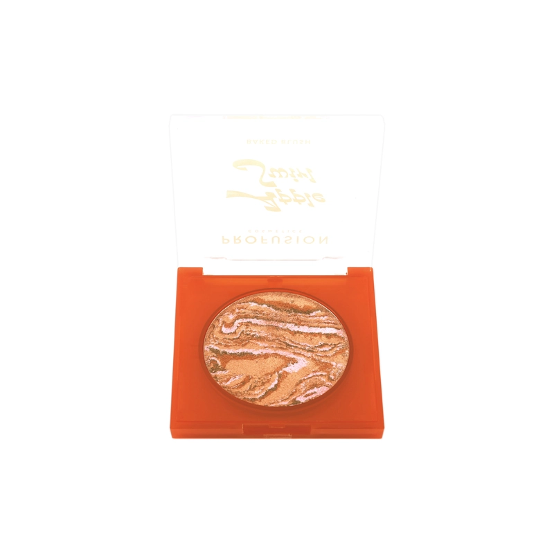 Profusion Cosmetics Apple Swirl Baked Blush, face makeup with swirled pink and peach tones, in a round compact.