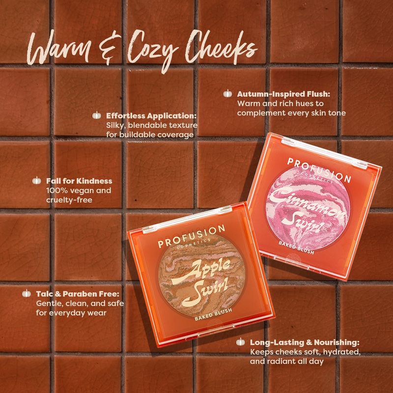 Profusion Cosmetics Apple Swirl Baked Blush displayed on a face, showcasing its swirling pink and peach tones for a natural glow.