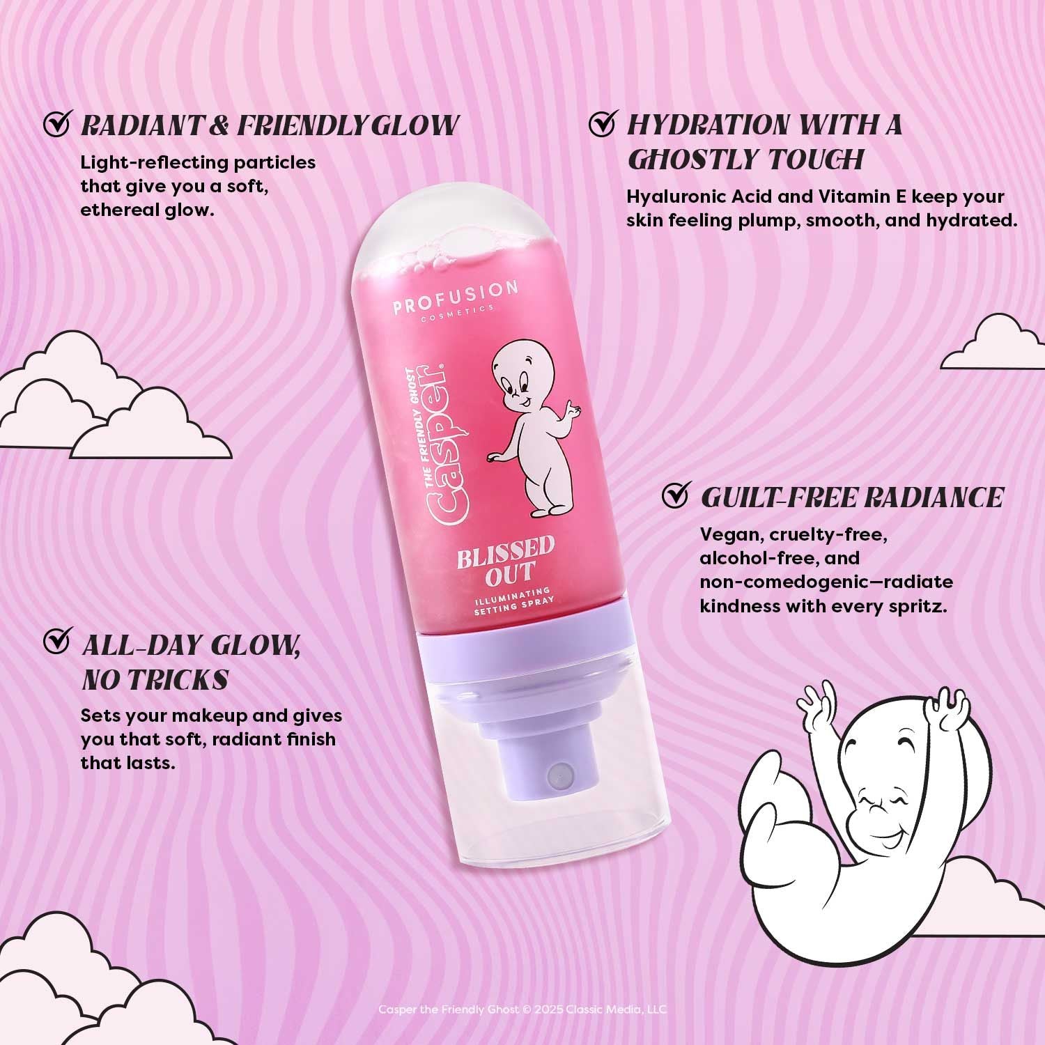 Profusion Cosmetics Blissed Out Illuminating Setting Spray misted on face for a radiant, dewy finish.