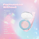 Profusion Cosmetics Bouncy Glow Frosted Holo Highlighter face palette with shimmering, iridescent finish in infographic style.