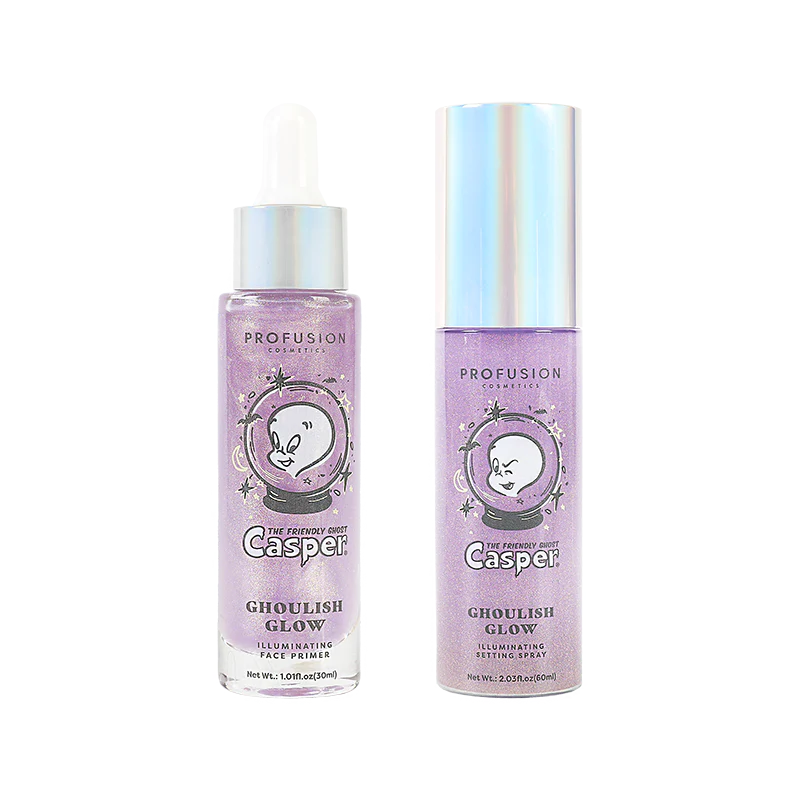 Profusion Cosmetics Casper the Friendly Ghost Ghoulish Glow illuminating face primer and setting spray, showing bottle with ghost design.
