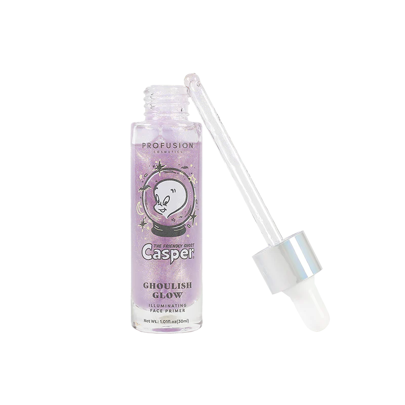 Profusion Cosmetics Casper the Friendly Ghost Ghoulish Glow illuminating face primer and setting spray in a spray bottle with ghost-themed design.