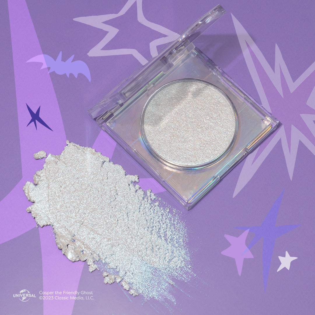 Profusion Cosmetics Casper the Friendly Ghost face highlighter with ghosting design on light-colored face makeup.