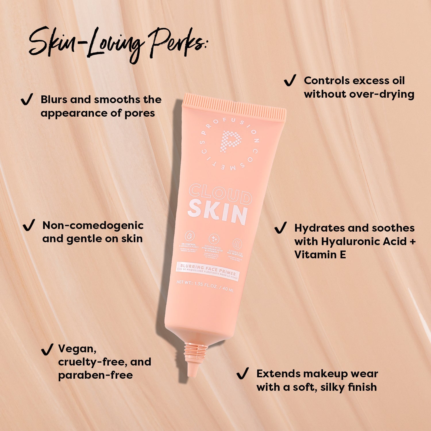 Profusion Cosmetics Cloud Skin Blurring Face Primer applied on face with a smooth, matte finish and lightweight texture.