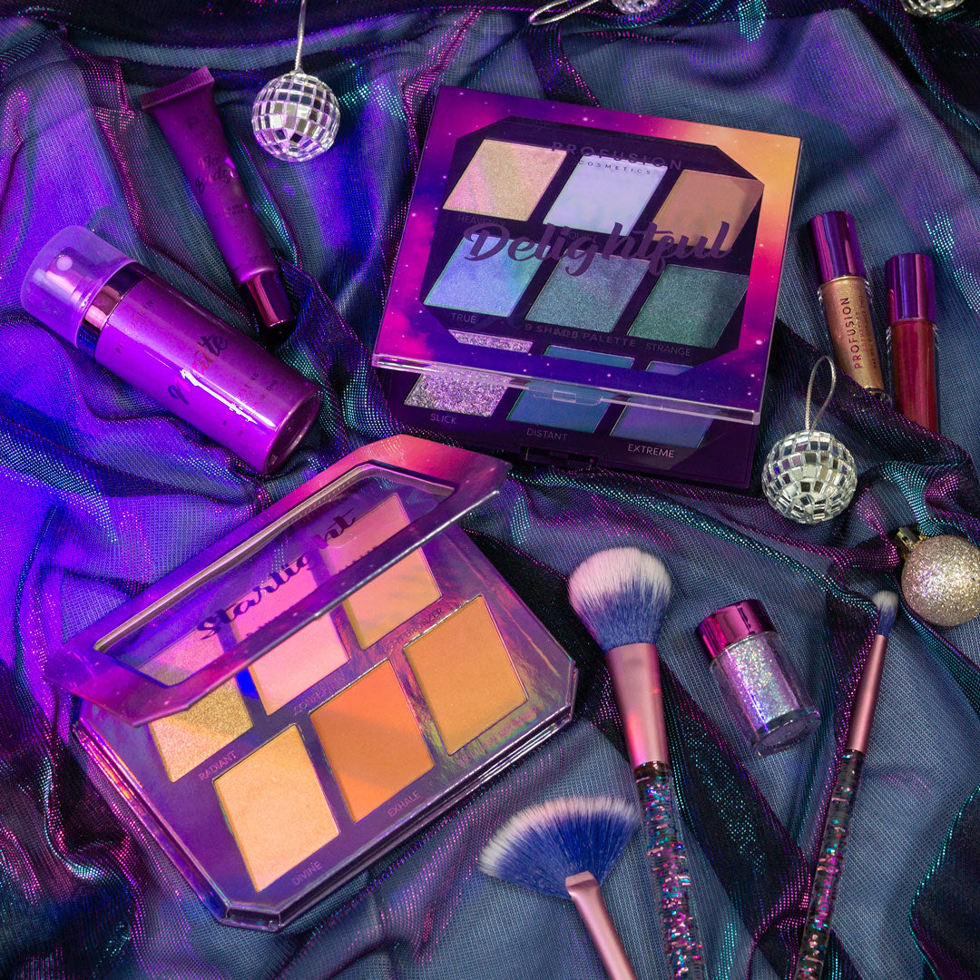 Profusion Cosmetics Euphoric Glam Starlight Face Palette with shimmering highlighters and blushes in a sleek compact.