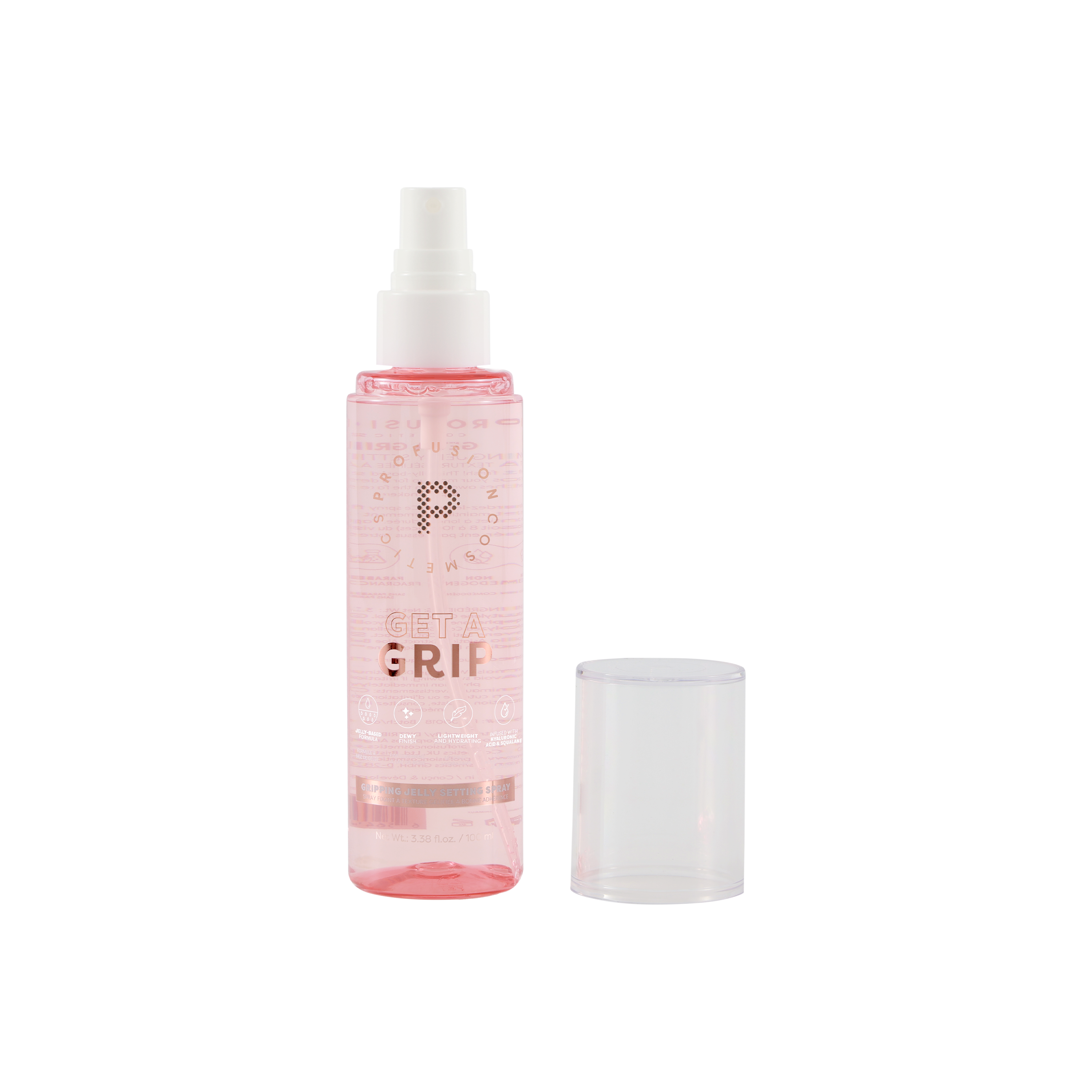 Profusion Cosmetics Get a Grip Gripping Jelly Setting Spray for face, in a clear bottle with a spray nozzle, ready for makeup setting.