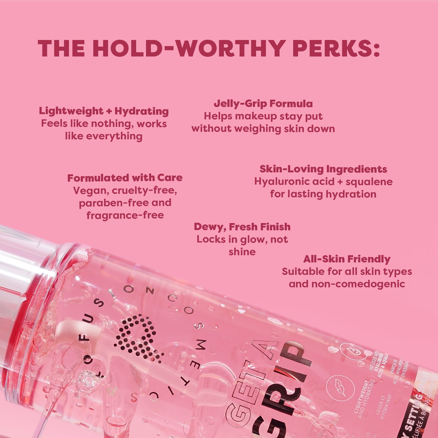 Profusion Cosmetics Get a Grip Gripping Jelly Setting Spray for face, with a clear bottle and spray nozzle visible.