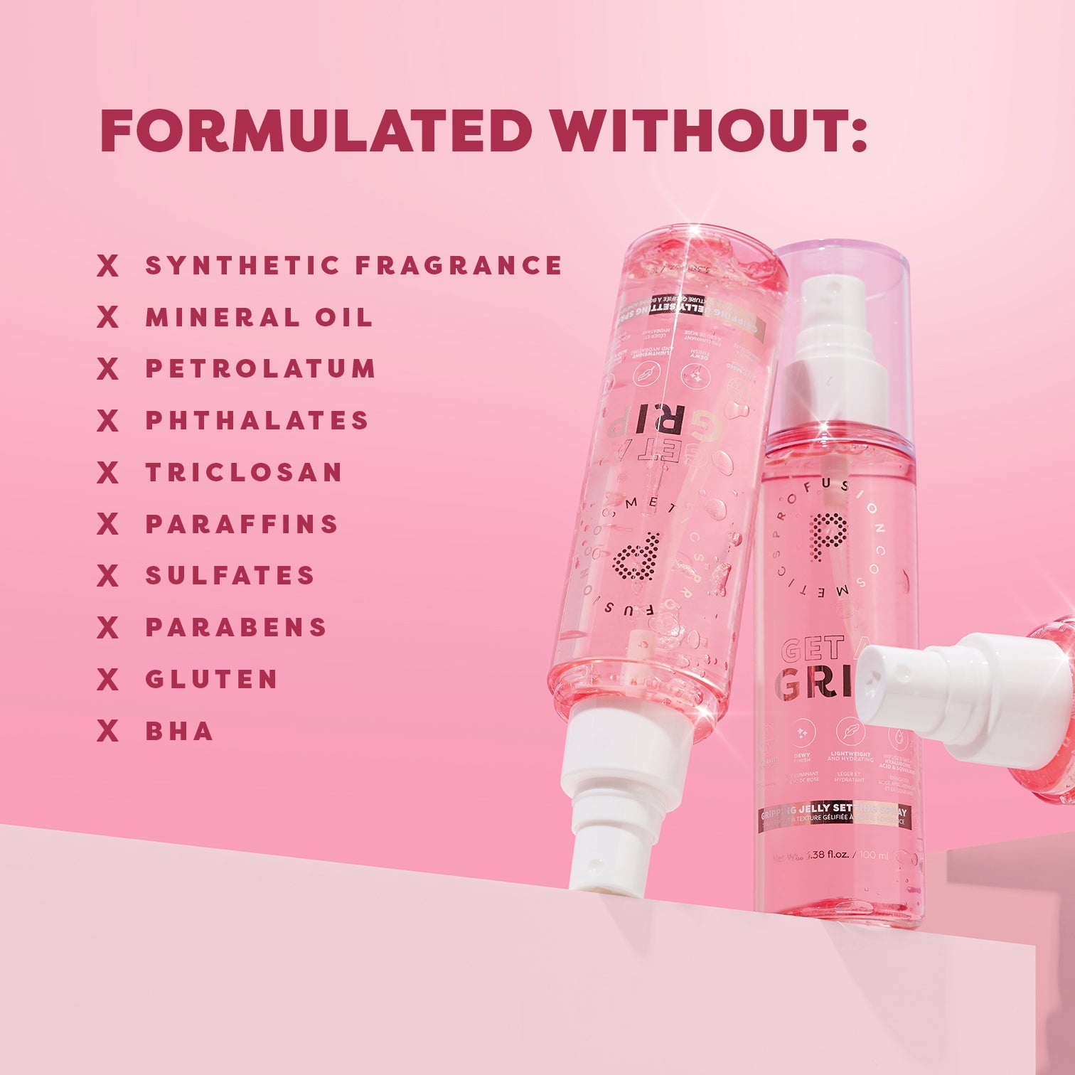 Profusion Cosmetics Get a Grip Gripping Jelly Setting Spray for face, refreshing and setting makeup with a clear, jelly formula.