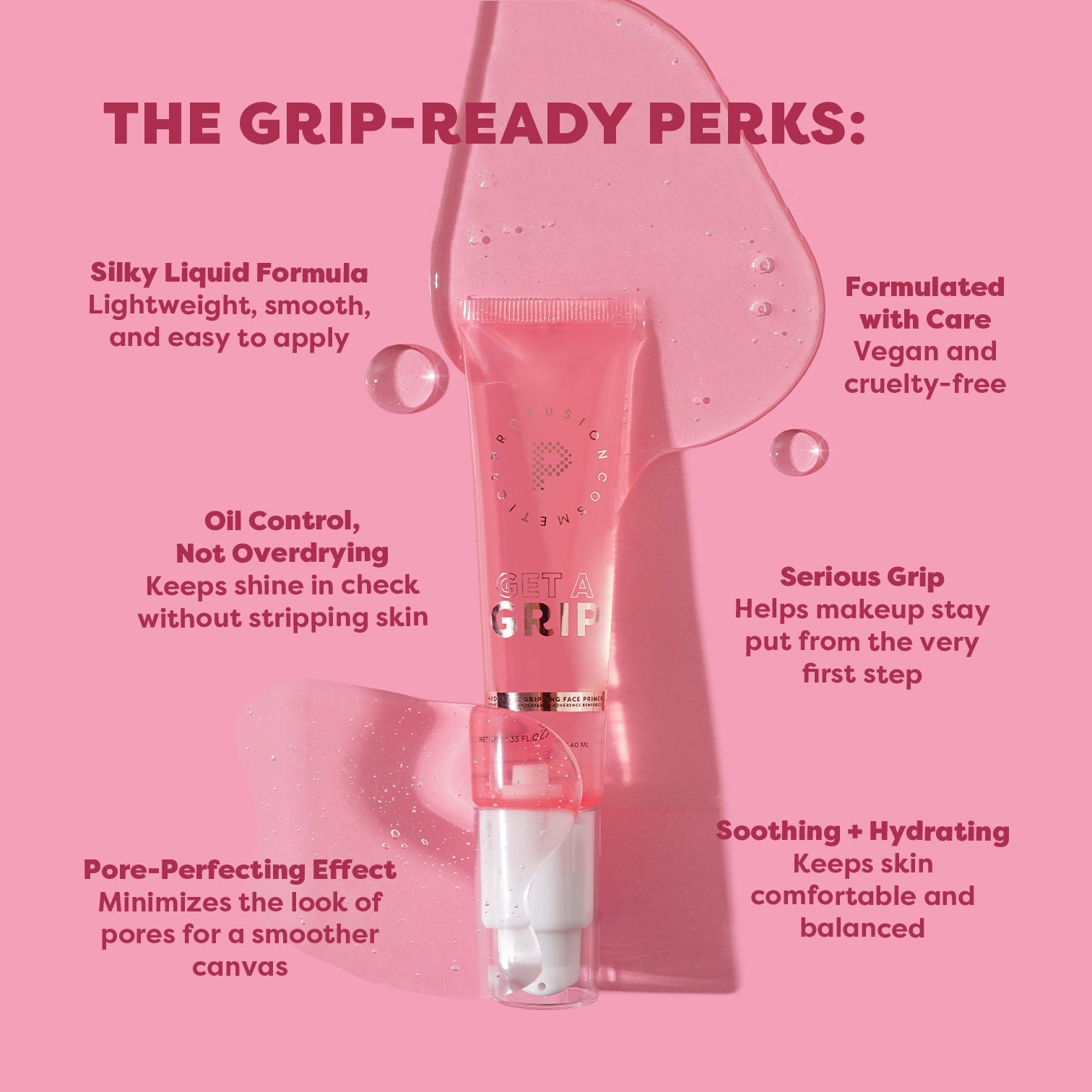 Profusion Cosmetics Get a Grip Hydrating Face Primer displayed on a neutral background, showcasing its packaging and design.
