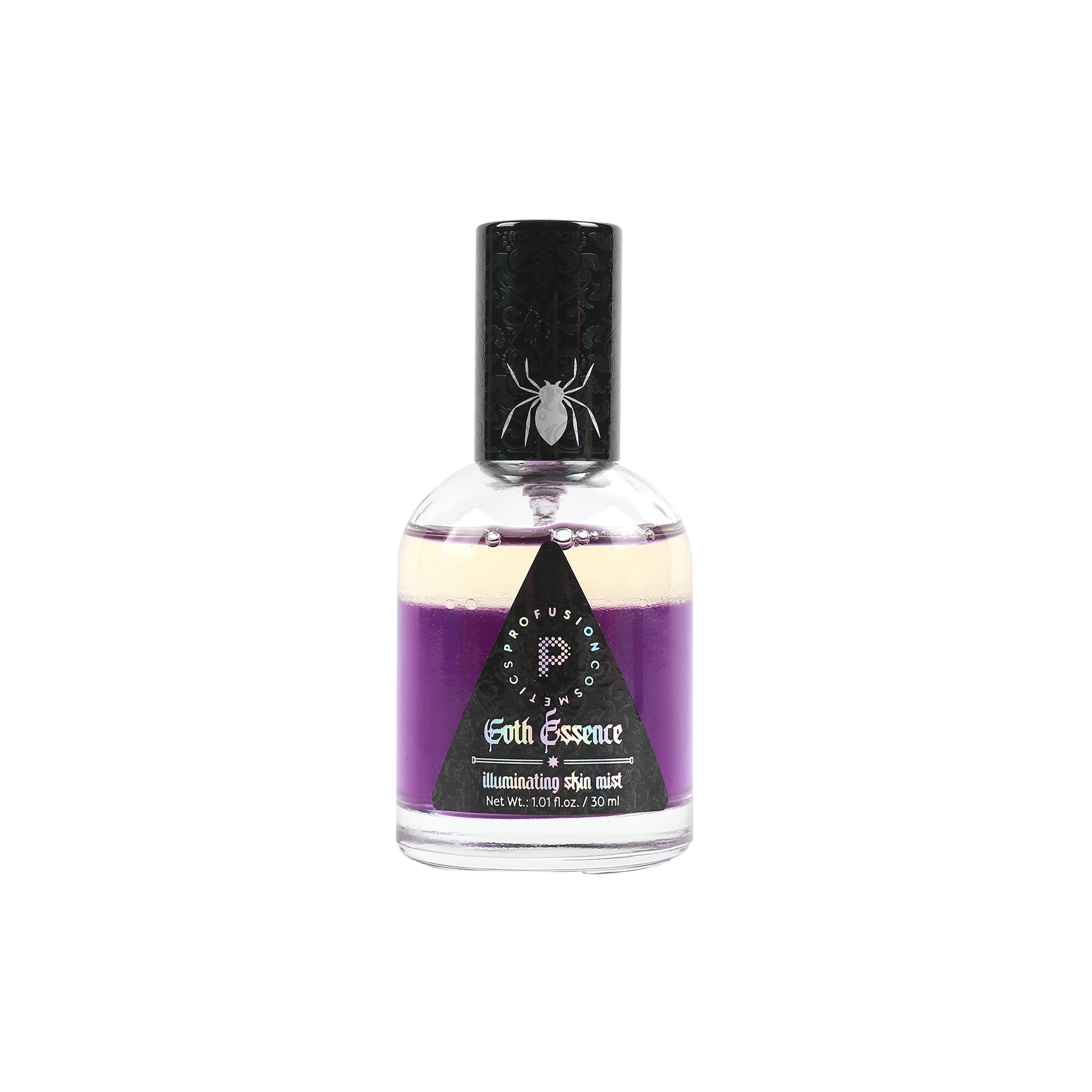 Profusion Cosmetics Gothic Essence-Illuminating Skin Mist spray on face, highlighting dewy, glowing skin with dark gothic aesthetic.