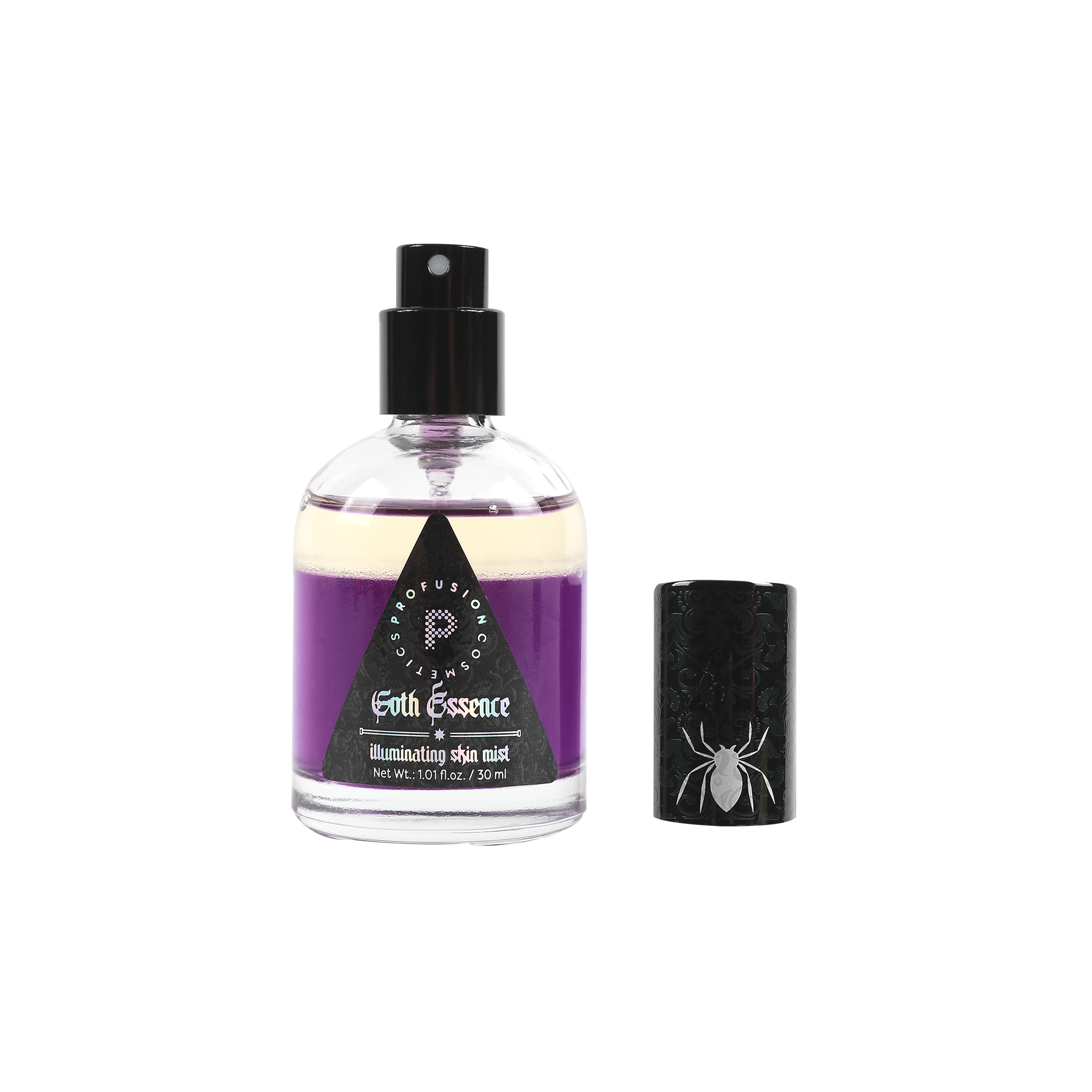 Profusion Cosmetics Gothic Essence-Illuminating Skin Mist spray for face with a sleek bottle, providing a glowing, refreshing skin boost.