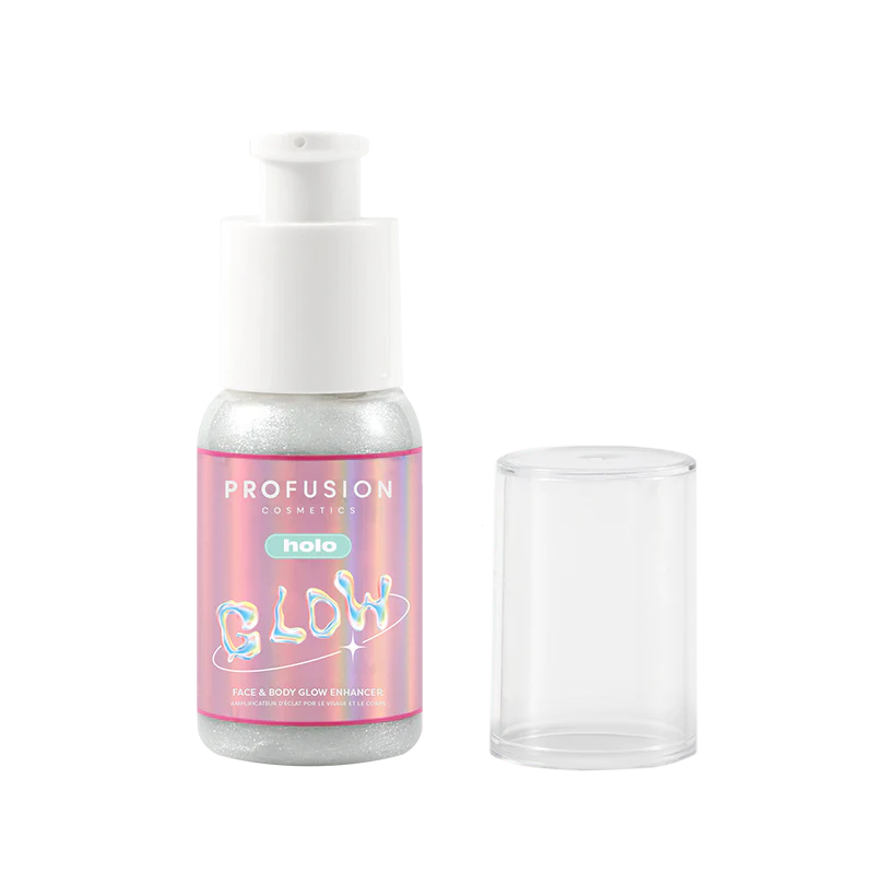 Profusion Cosmetics Halo Glow Face and Body Glow Enhancer in open container, showcasing shimmering, luminous formula for face and body.