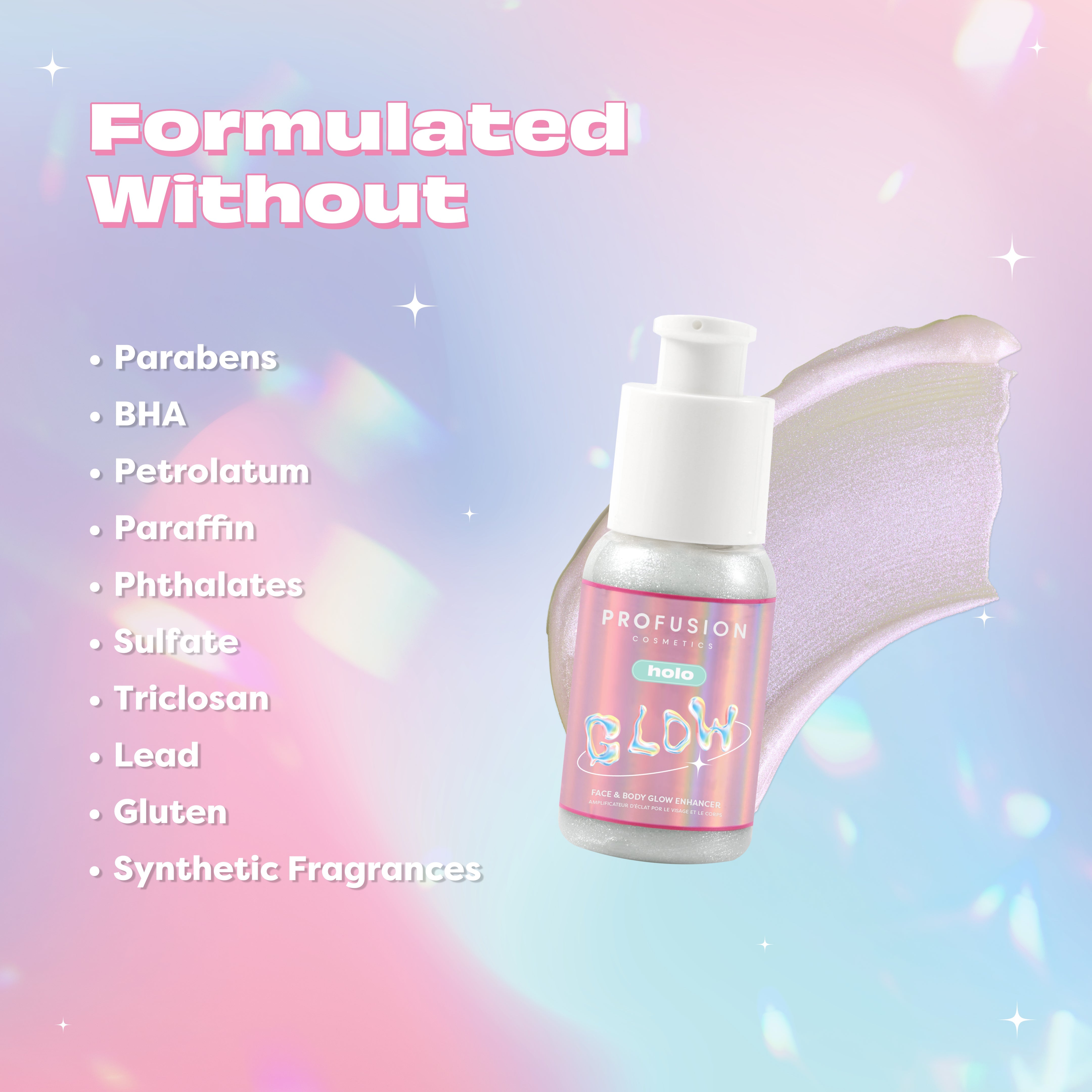 Profusion Cosmetics Halo Glow Face and Body Glow Enhancer infographic showing luminous finish and application tips.