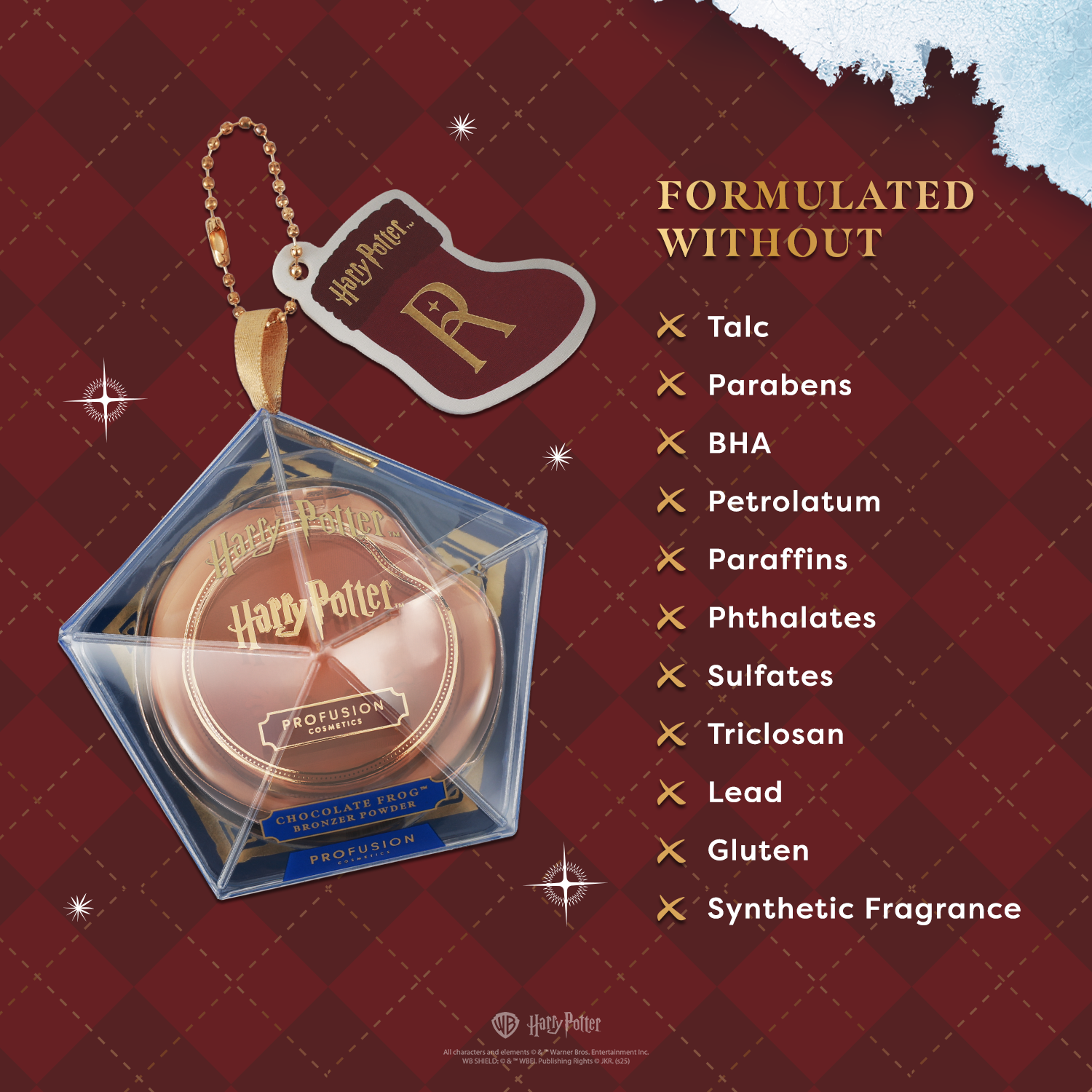Profusion Cosmetics Harry Potter Holiday Chocolate Frog bronzer powder for face, with detailed Harry Potter themed packaging.