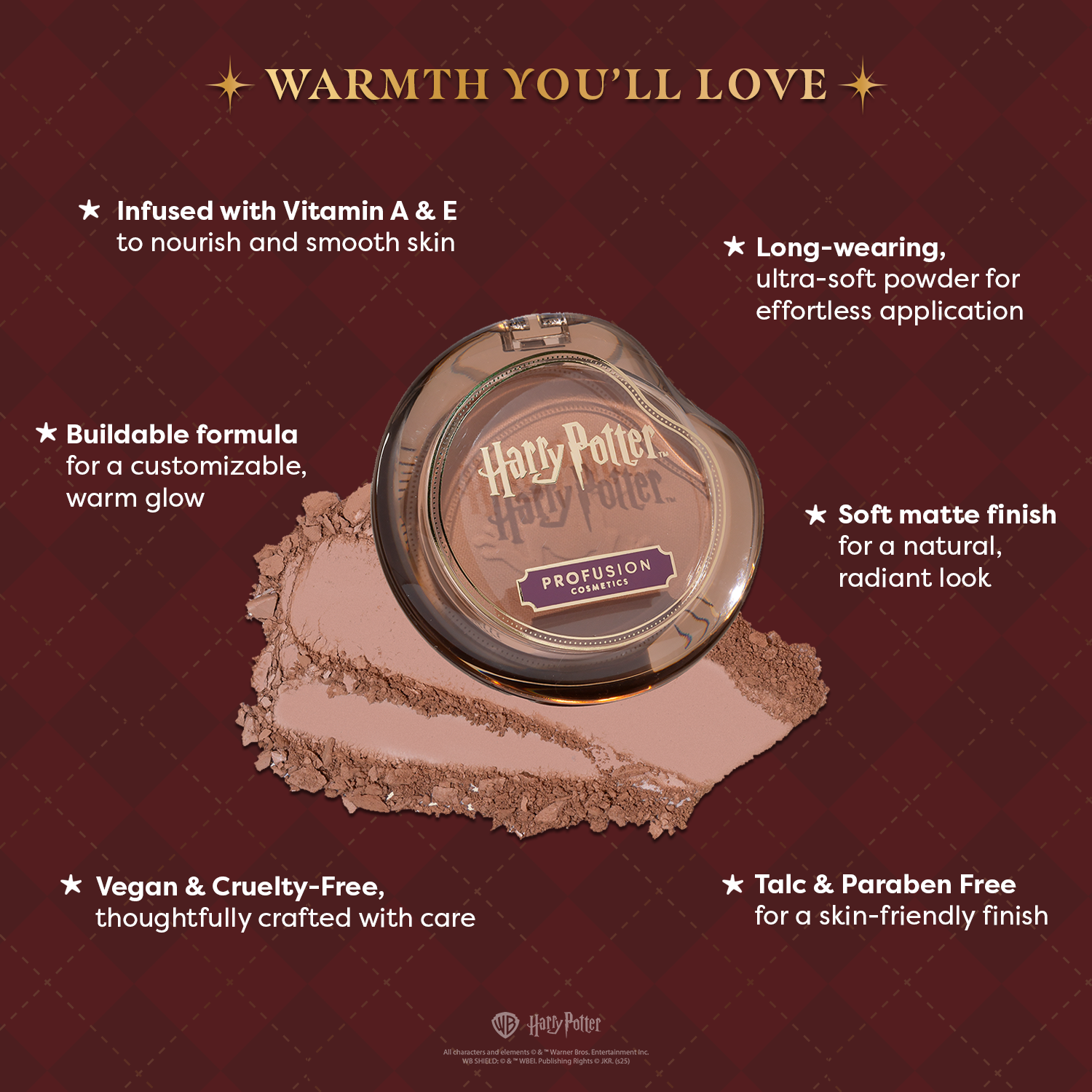 Profusion Cosmetics Harry Potter Holiday Chocolate Frog Bronzer Powder for face, warm-toned makeup product with Harry Potter-themed packaging