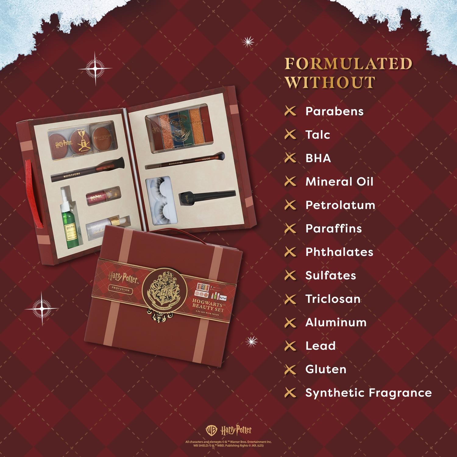 Harry Potter Harry Potter Holiday Hogwarts™ Beauty Set face product by Profusion Cosmetics, featuring themed packaging and makeup items.