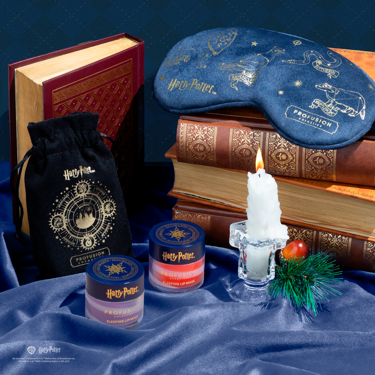 Profusion Cosmetics Harry Potter Hogwarts Holiday Night Set face makeup with festive Harry Potter-themed design and holiday colors.