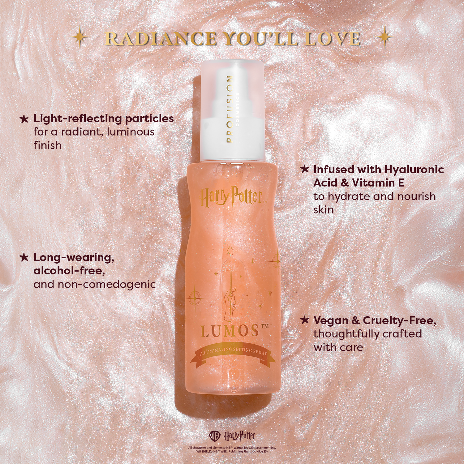 Profusion Cosmetics Harry Potter Lumos™ Illuminating Setting Spray for face with magical glow and hydrating formula.