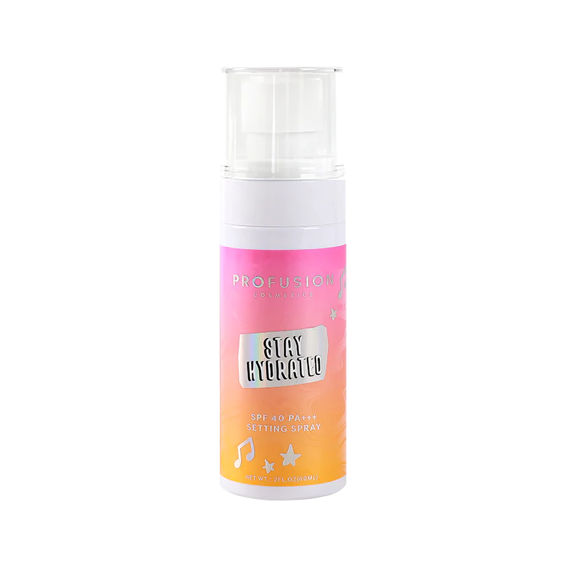 Profusion Cosmetics It's a Vibe Stay Hydrated SPF 40 PA+++ setting spray for face, in a clear spray bottle with a white cap.