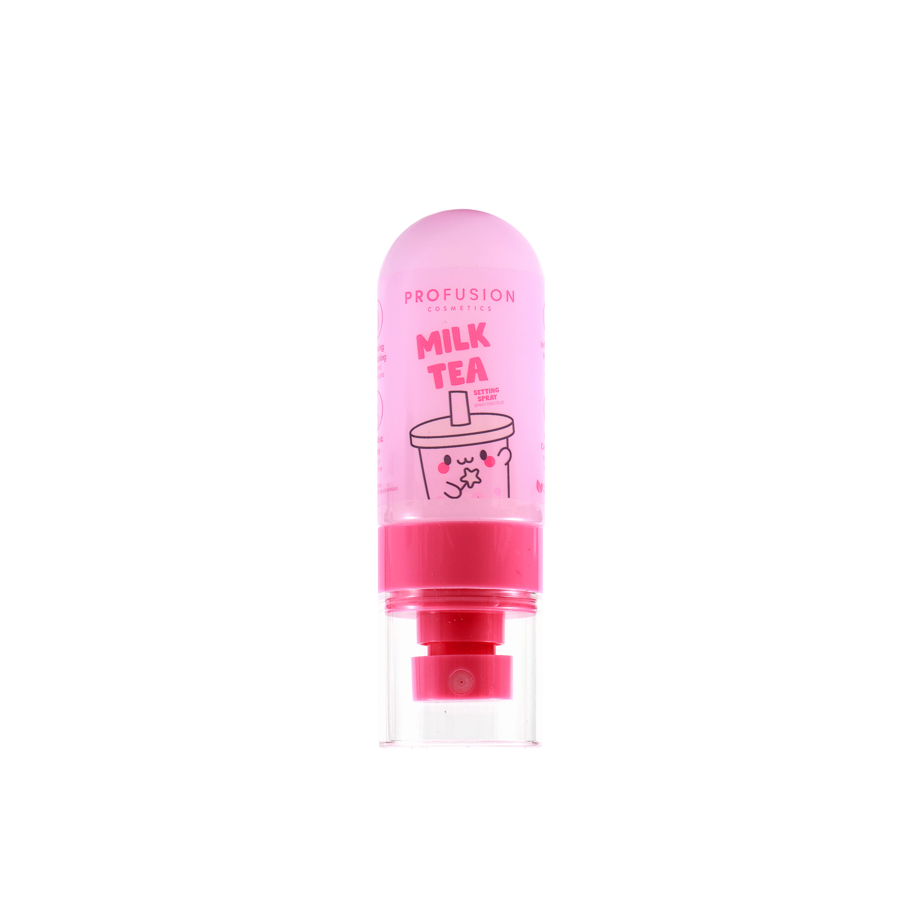 Profusion Cosmetics Milk Tea Face Setting Spray bottle with white cap and clear label, used for setting makeup.