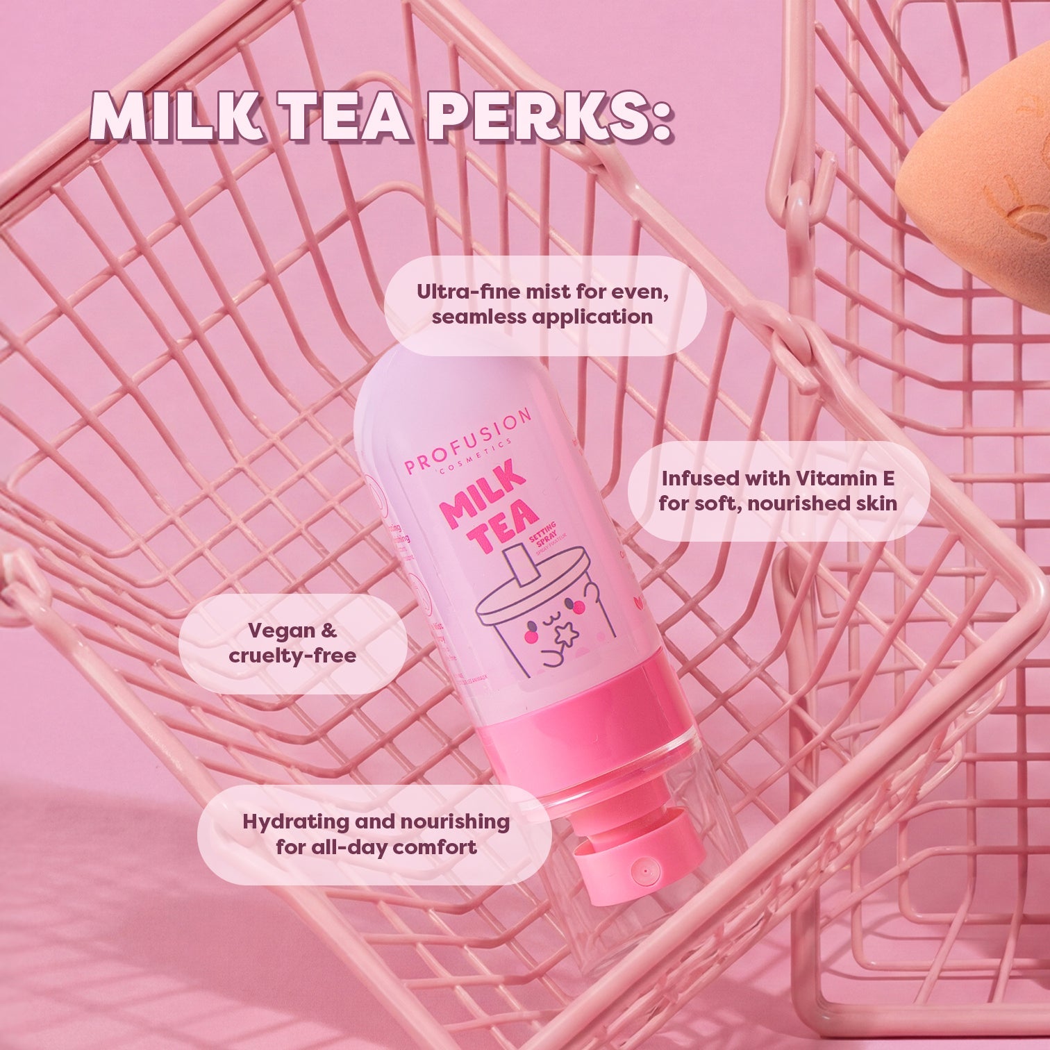 Profusion Cosmetics Milk Tea Face Setting Spray bottle with pump, designed to set and refresh makeup for a natural finish.