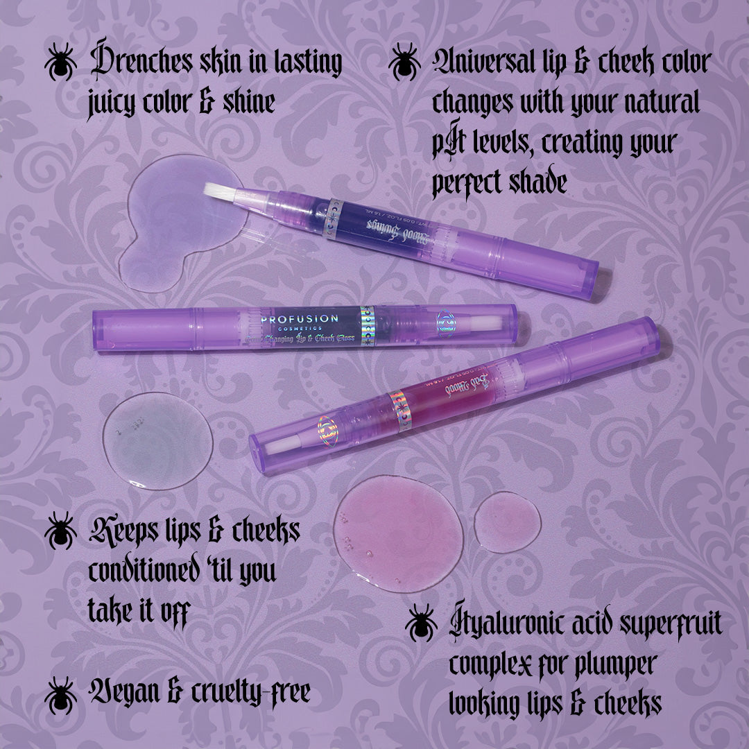 Profusion Cosmetics Mood Gloss color-changing lip and cheek gloss on face, showing its natural, shimmery finish and vibrant hues.